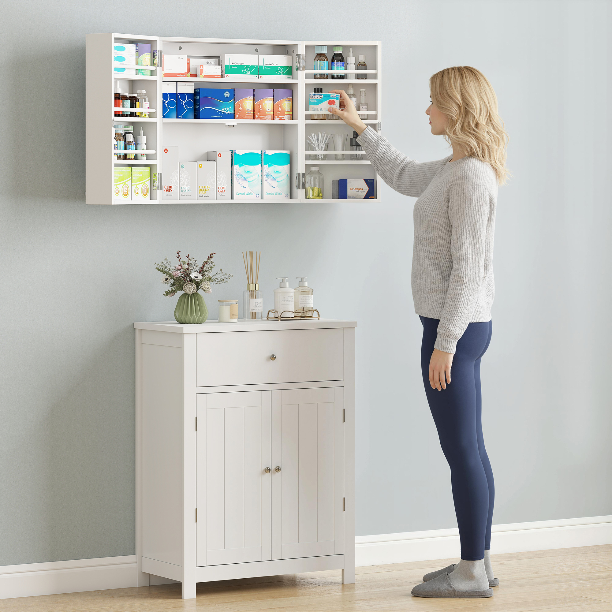 Medizinschrank abschließbar 2-türig Hängend Medikamentenschrank mit 11 Fächer 2 Schlüssel, 53 x 20 x 53 cm, Weiß