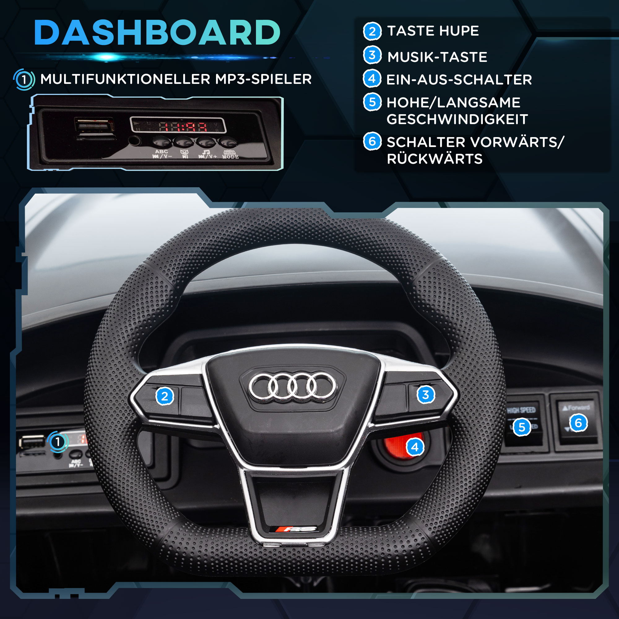 Kinderfahrzeug Audi lizenziert, mit Sicherheitsgurt, Fernbedienung, Licht, schwarz, 103 x 58 x 41cm