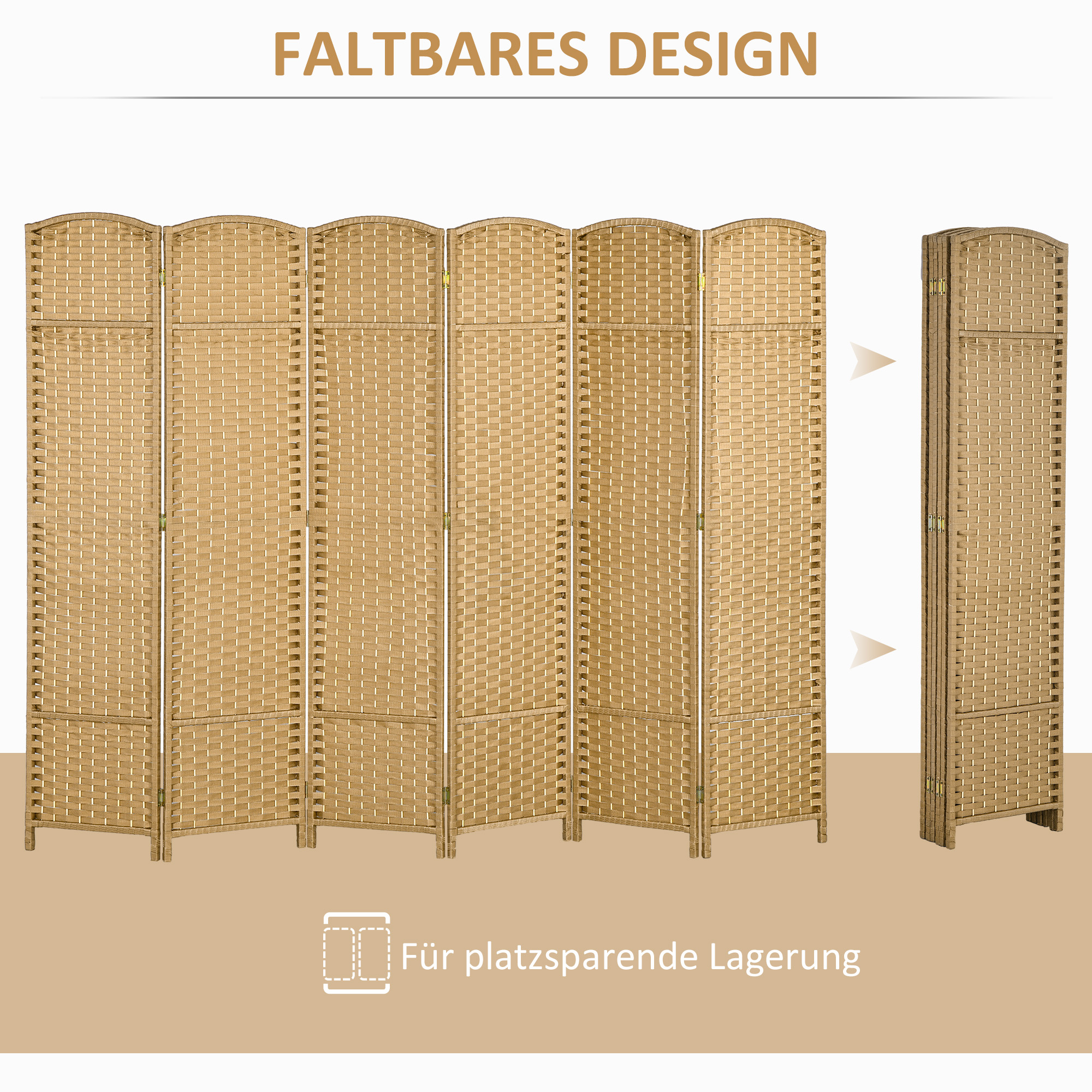 6-teiliger Raumtrenner, Faltbarer Sichtschutz, Sichtschutzwand für Wohnzimmer, Schlafzimmer, Homeoffice, Natur