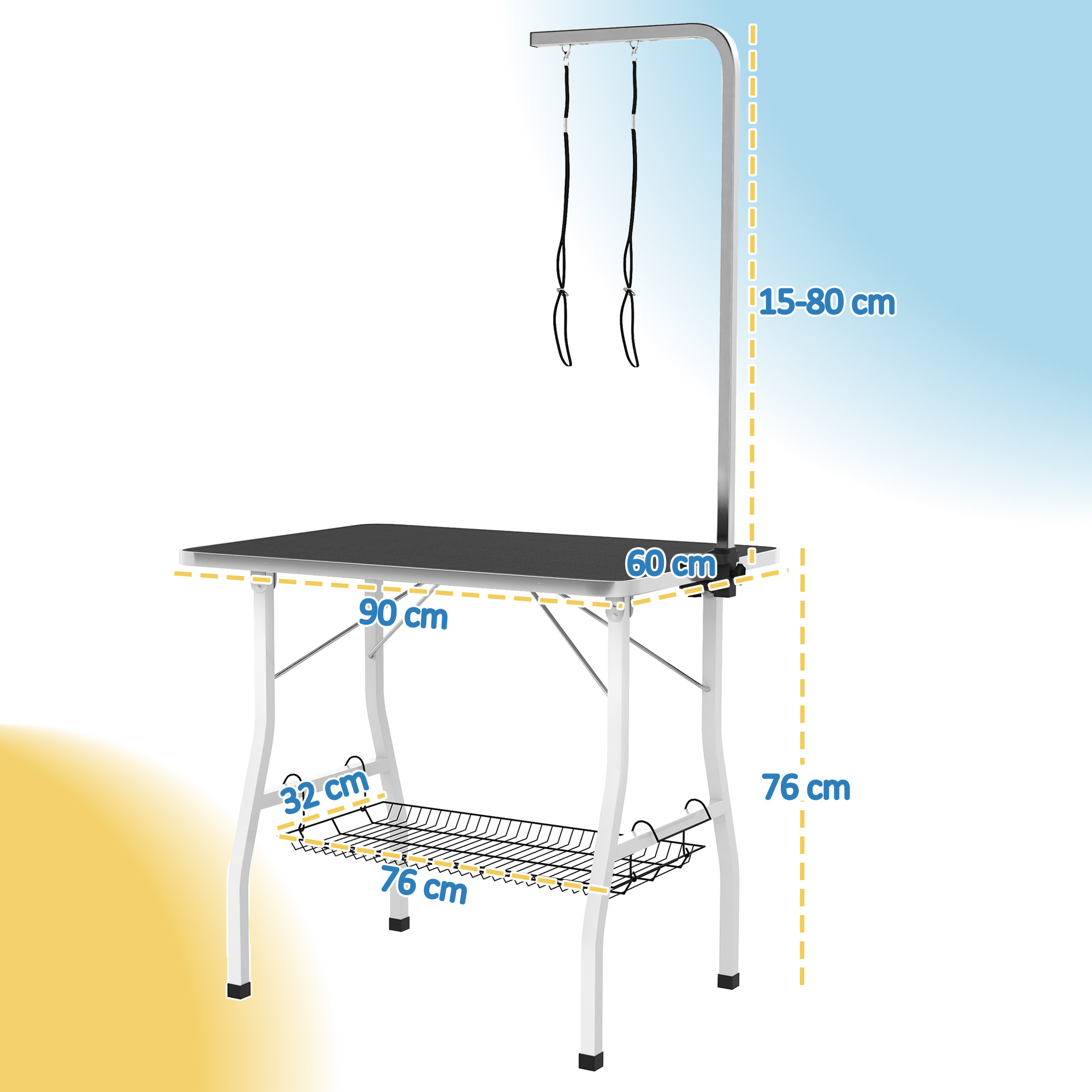 Hundepflegetisch, Frisiertisch mit einstellbarem Arm, Aufbewahrungsfach, Gummioberfläche, 90 x 60 x 76 cm, Schwarz