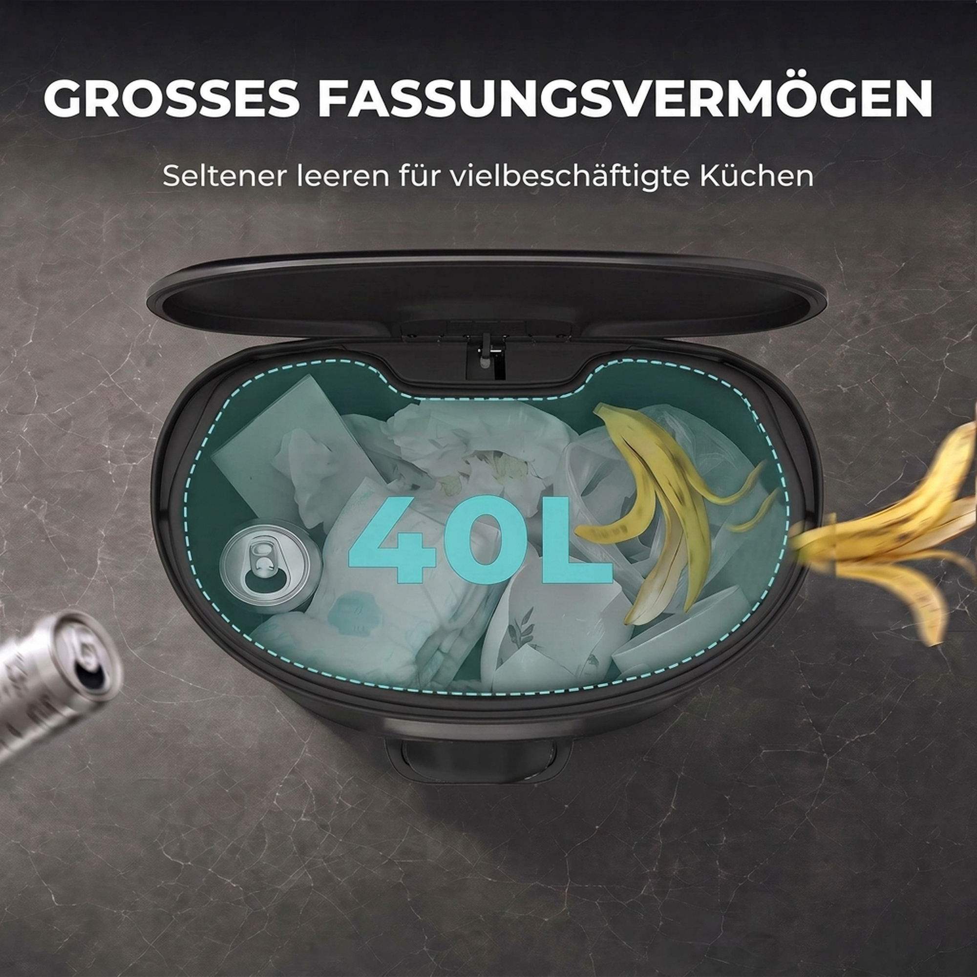 40 L Küchen-Tretmülleimer mit Soft-Close- und Offenhalte-Deckel, herausnehmbarem Inneneimer, Edelstahl, Schwarz
