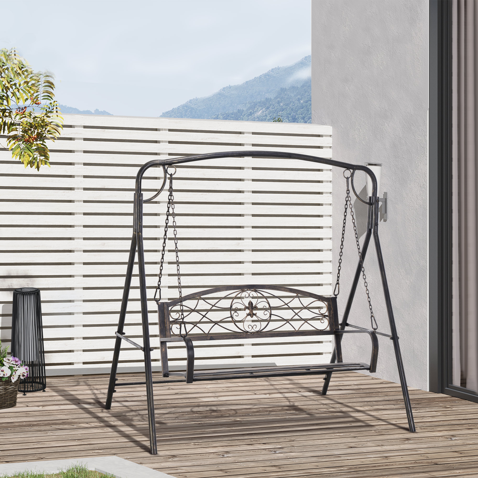 Gartenschaukel Schaukelbank für den Garten Outdoor-Schaukel, Vintage Design, Messing-Optik, 167 cm x1 23 cm x 175cm
