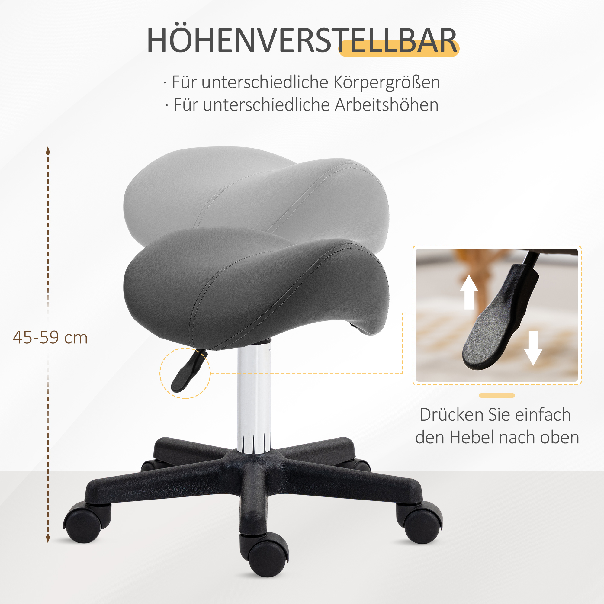 Rollhocker, sattelförmiger Sitz, höhenverstellbar, um 360° drehbar, Kunstleder, grau, 48 x 47 x 45-59 cm