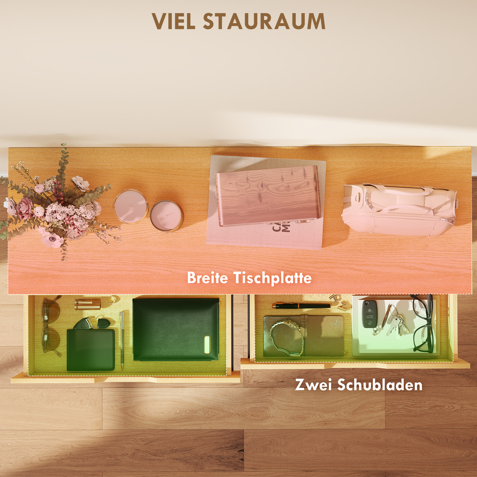 Konsolentisch Schmaler Flurtisch mit 2 Schubladen, Metallrahmen, für Flur 110 x 35 x 76,5 cm Natur