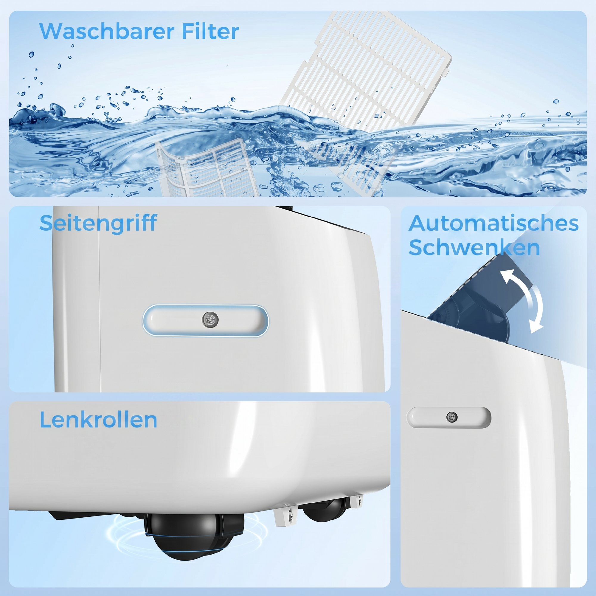 Mobiles Klimagerät 12.000 BTU mit Inverter-Technologie, Klimaanlage mit 60° Schwenkfunktion, 24H-Timer, Fernbedienung