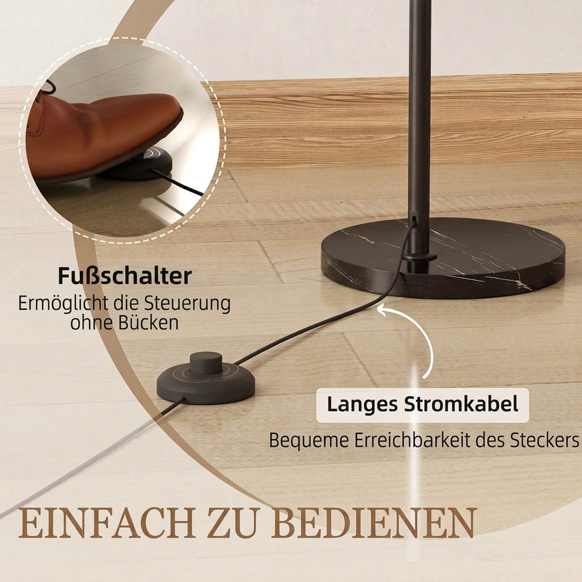 Stehlampe, gebogener Kopf, Fußschalter, Marmorsockel, Kunststoffschirm, Grau