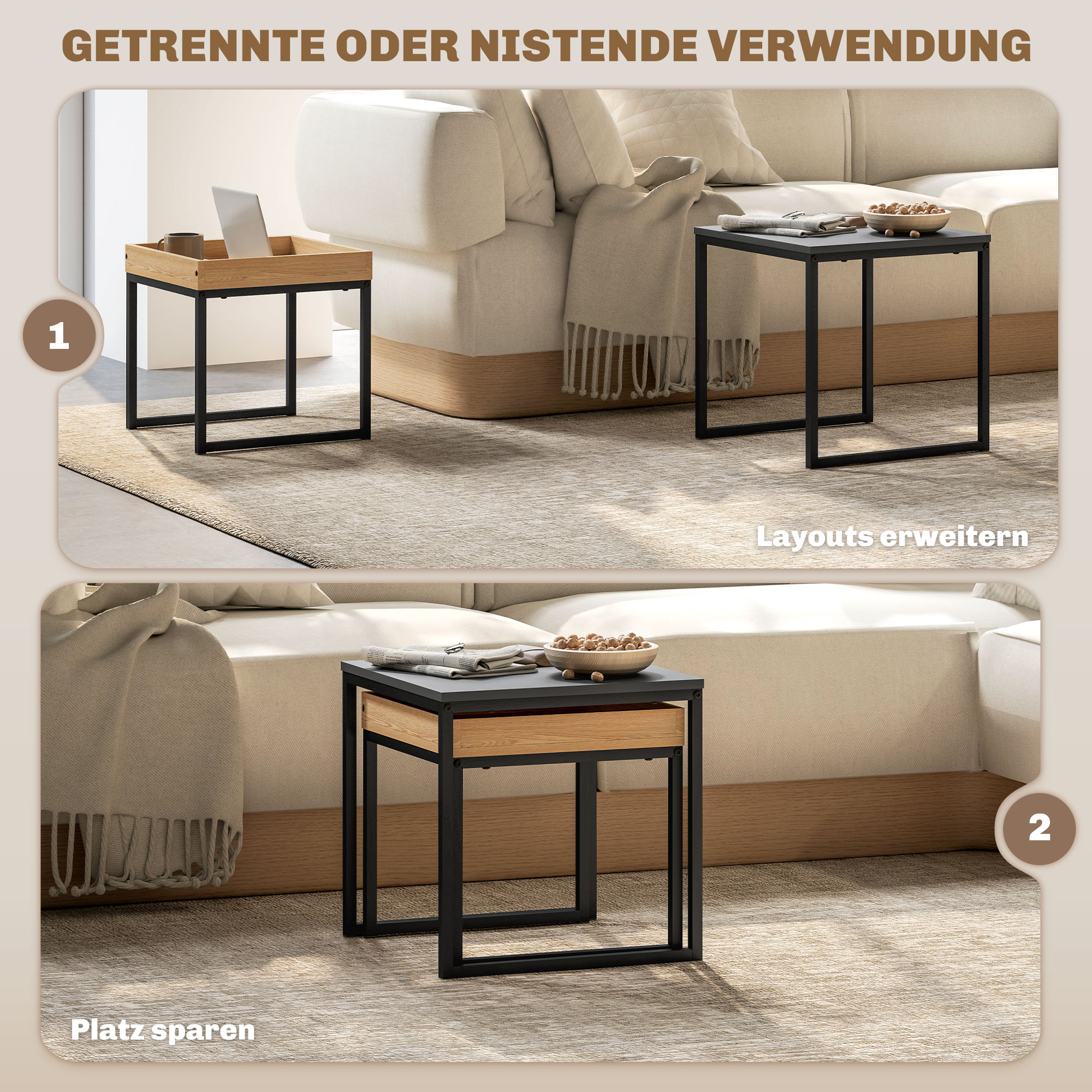 moderner Couchtisch, 2er-Set Sofatisch, für kleine Räume, Quadratisch, MDF, Metall, Schwarz