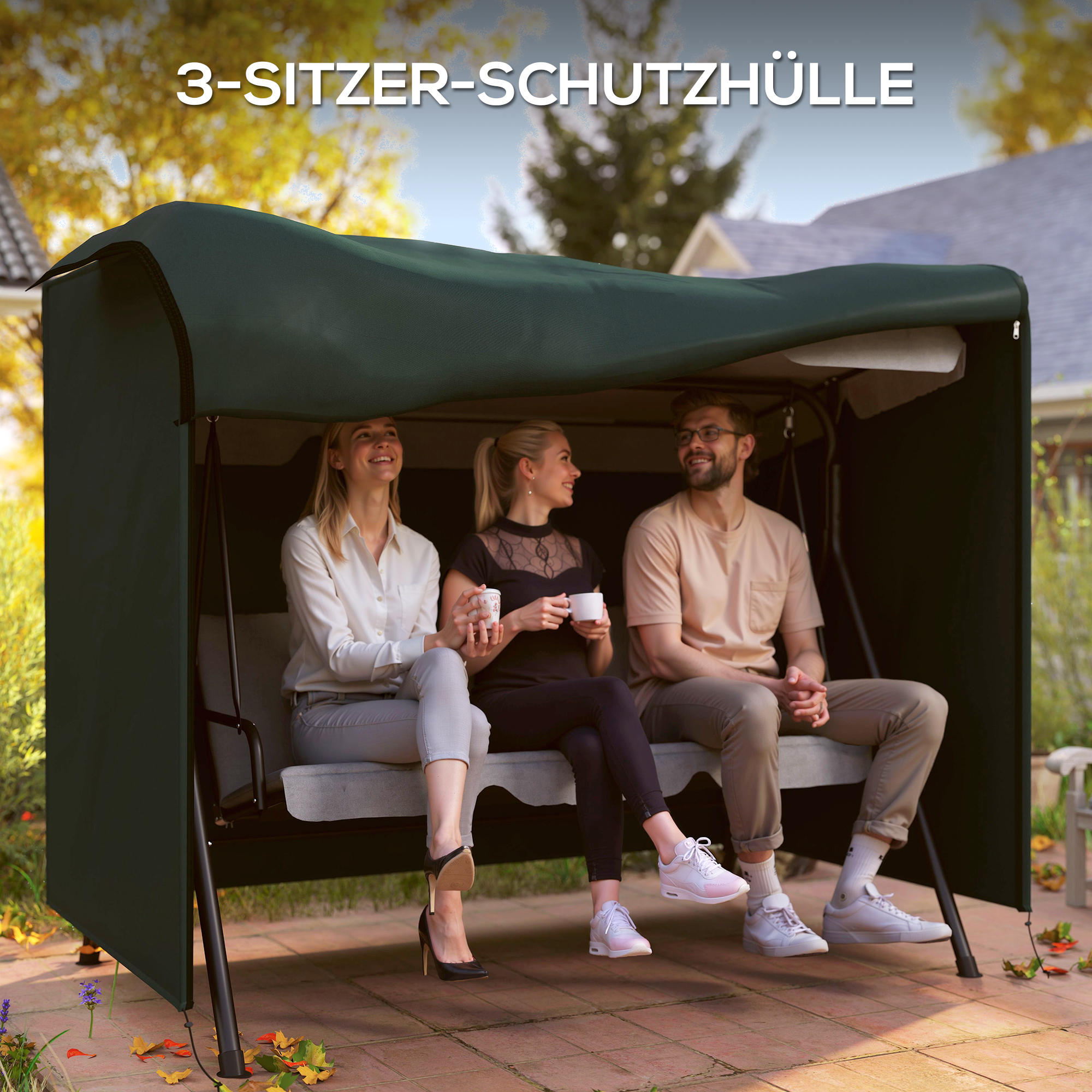 Hollywoodschaukel Abdeckung 3 Sitzer, Wasserabweisend Winterfest Schutzhülle für Gartenschaukel, UV-Beständig Abdeckplane, Abdeckhaube, Reißfest 600D Oxford Gewebe, 205x124x164cm Dunkelgrün