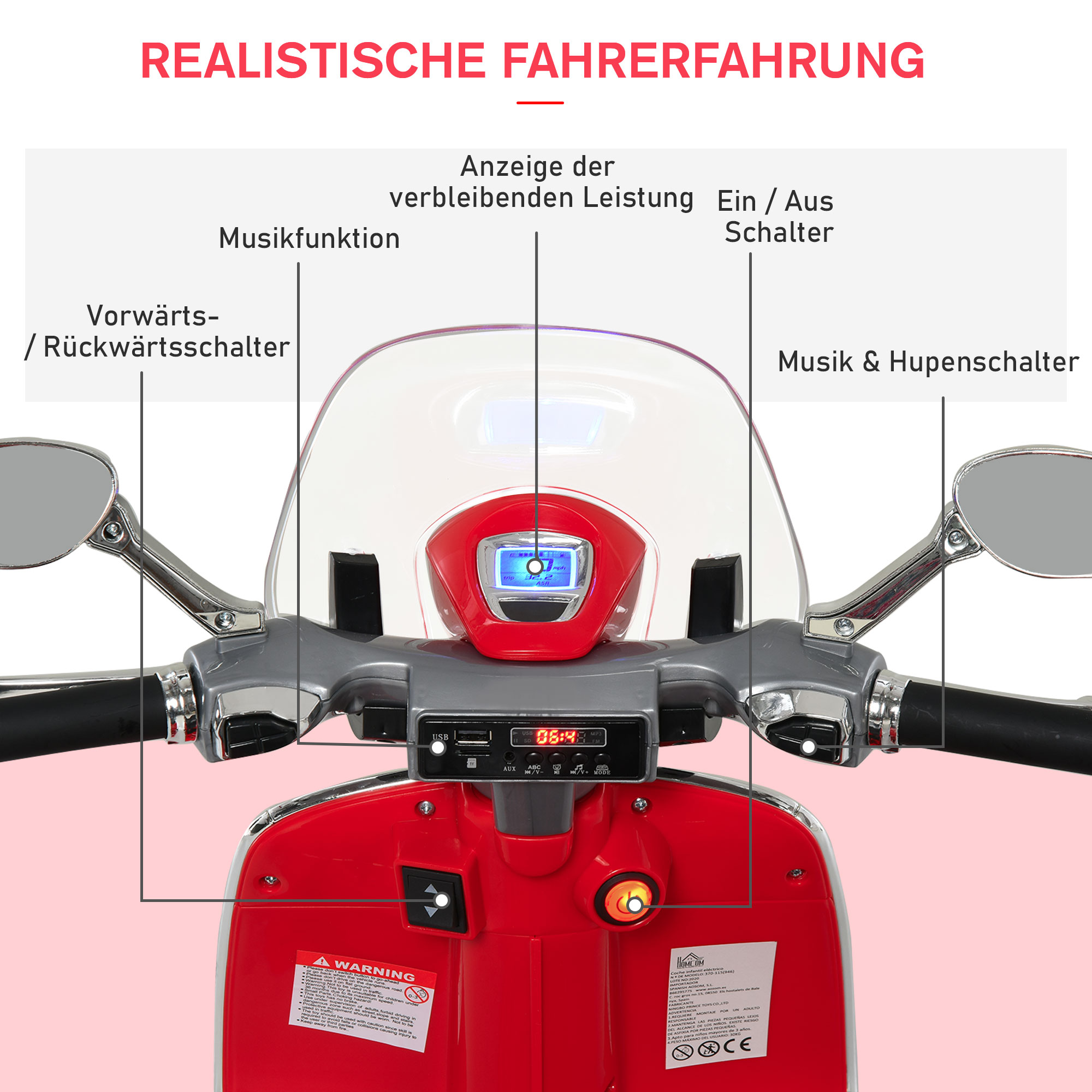 Elektro Kindermotorrad Elektromotorrad mit MP3, Musik, Scheinwerfer, Vor- und Rückwärtsgang, Kinder Elektro Motorrad für 3-6 Jahre Kinder, Rot