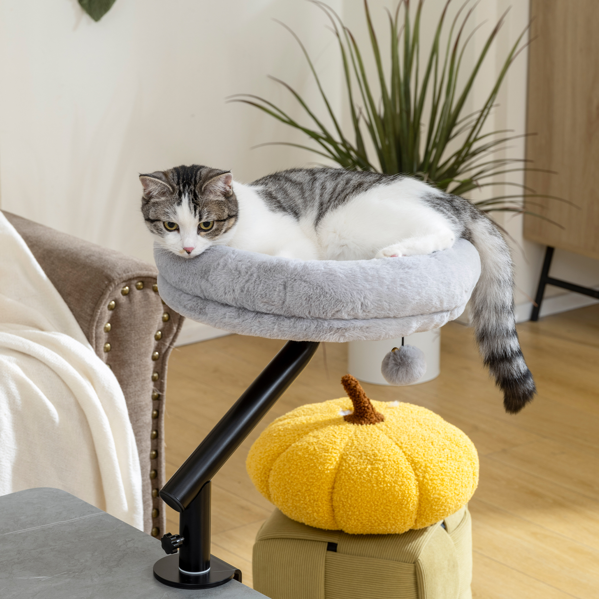 Katzen-Schreibtischbett, Katzenbett für Schreibtisch mit 360°Drehung, verstellbarer Höhe, Katzenliege mit abnehmbarem, maschinenwaschbarem Bett, für Katzen unter 6 kg, Heimbüro, Grau