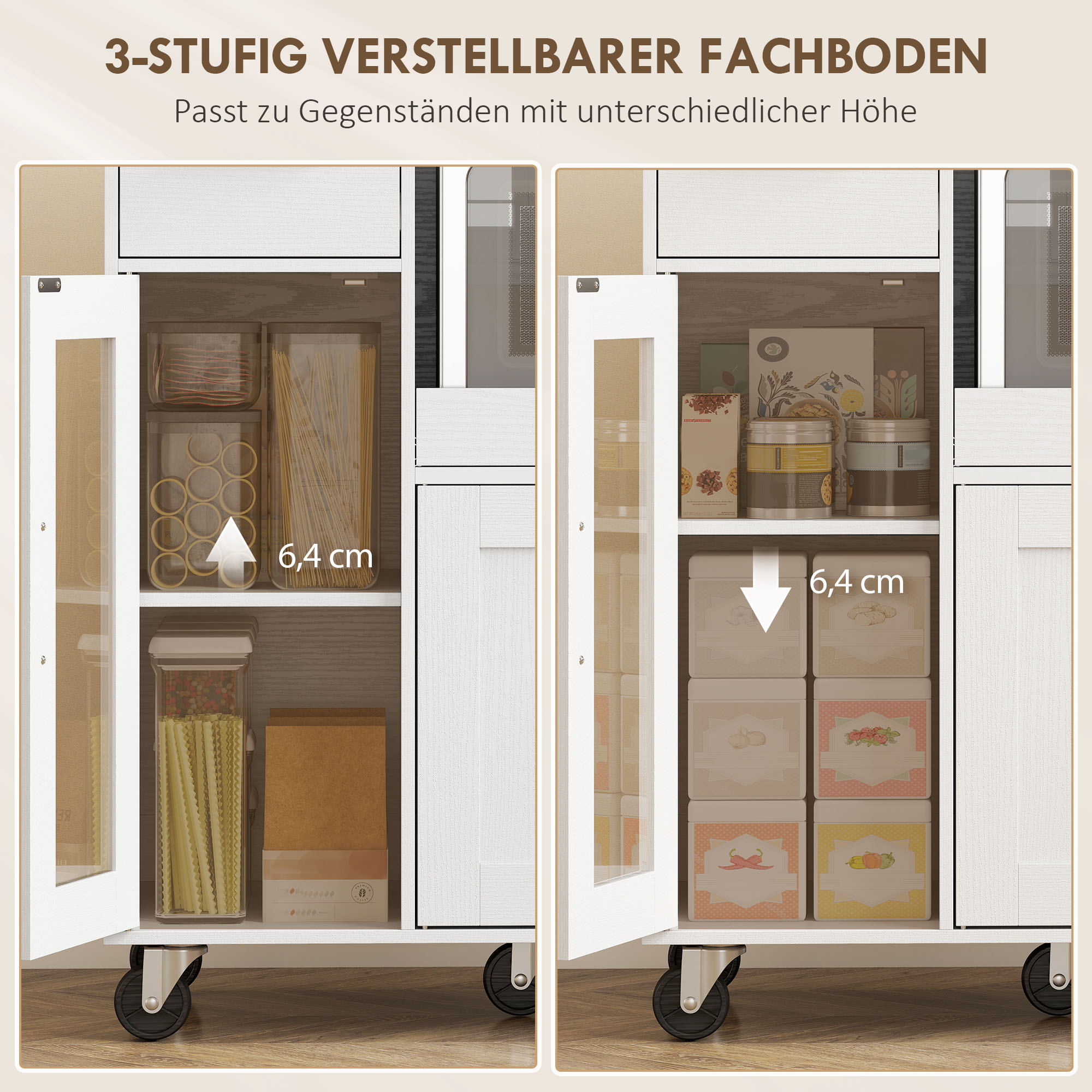 Küchenschrank auf Rädern, Mobile Küchenkommode mit Ablagen, Schubladen, verstellbarem Regal, Kabelloch, Weiß