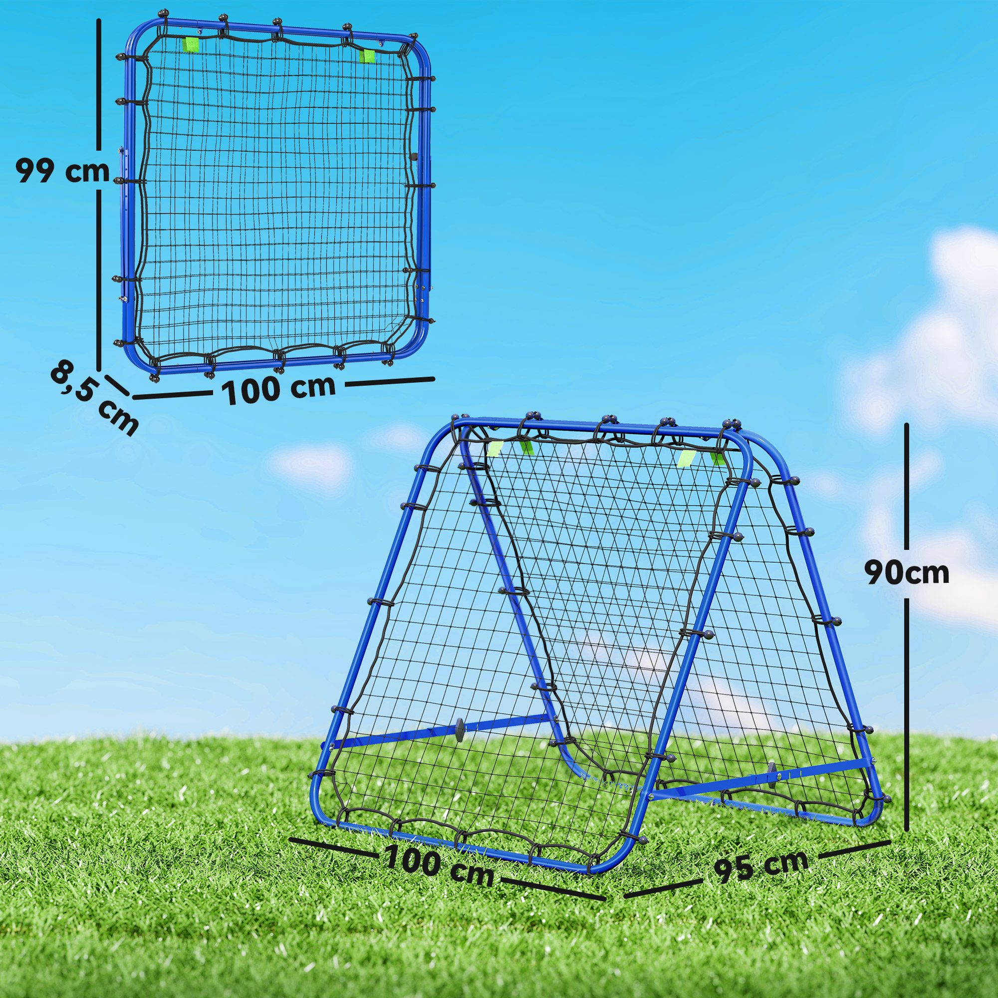Doppelseitige Rebounder für Fußball, verstellbar Prellwand mit 5 Winkelpositionen Rückprallwand Netz, 100 x 68-95cm Kickback Tor für Jugendliche, Rückprallwand für Handball Training, Blau