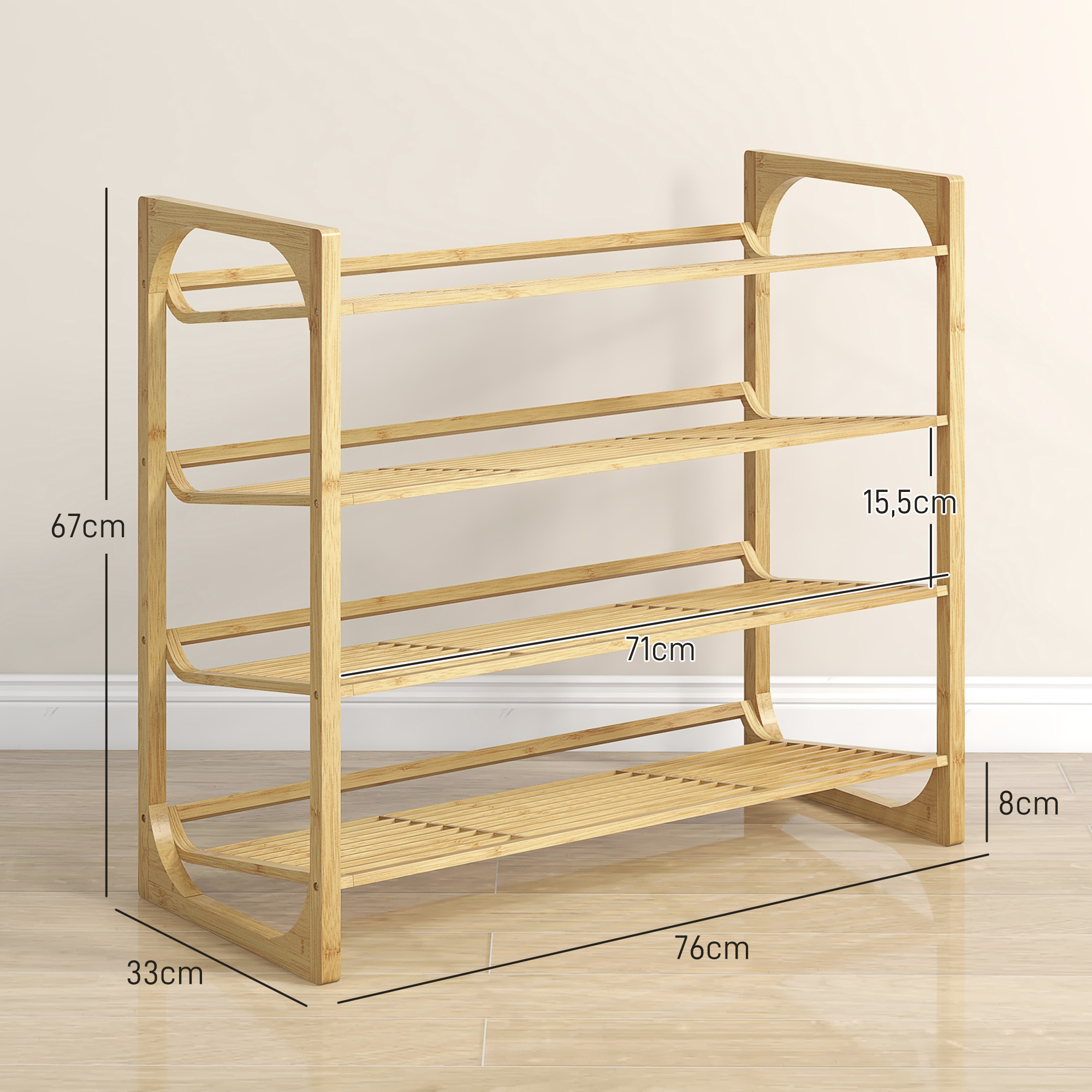 Schuhregal aus Bambus, 15,5 cm Regalhöhe, belüftetes Latten-Design, 76 x 33 x 67 cm, Naturholz-Effekt