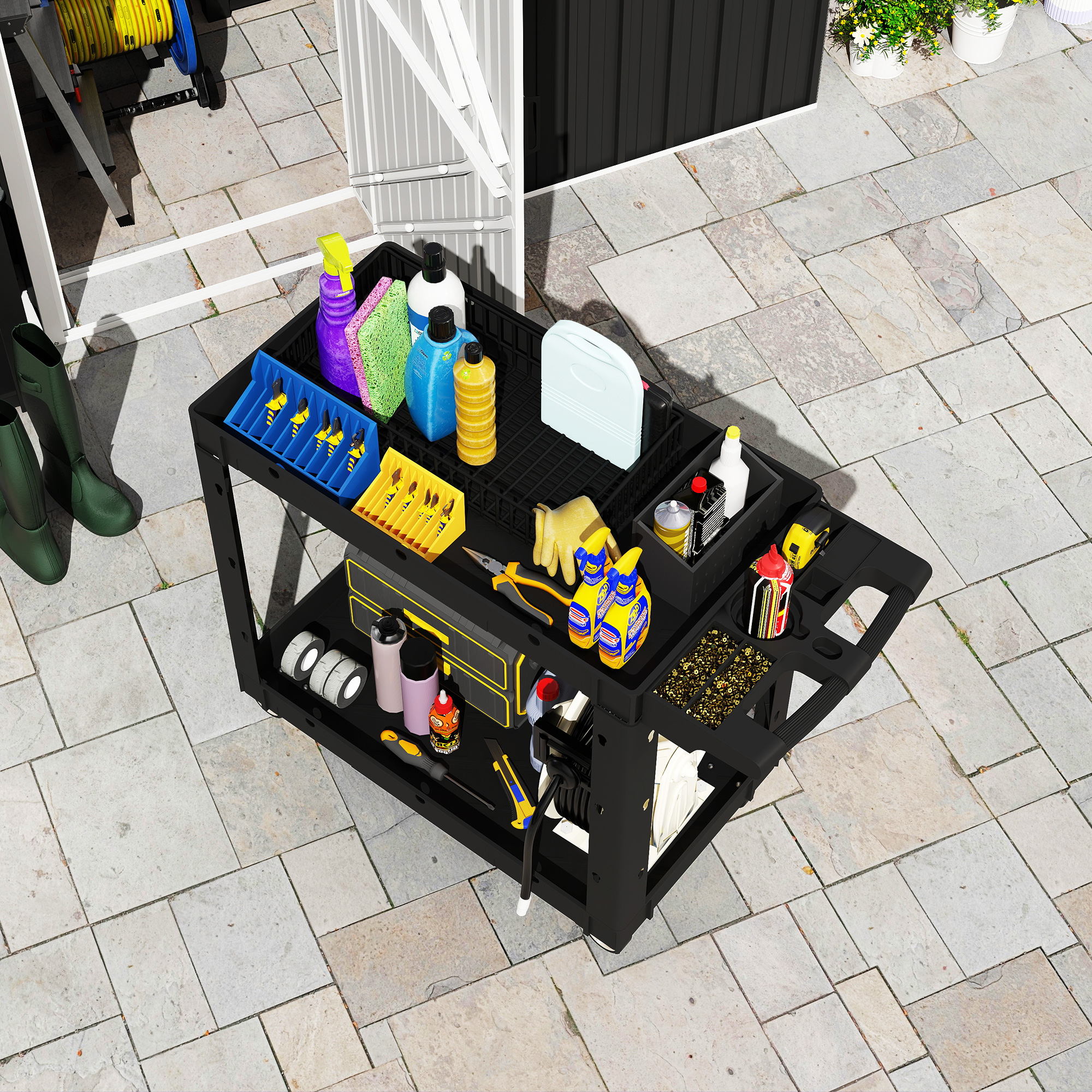 Werkzeugwagen, 2-stöckige Ablagen, Griff, Räder, Kunststoff, Schwarz