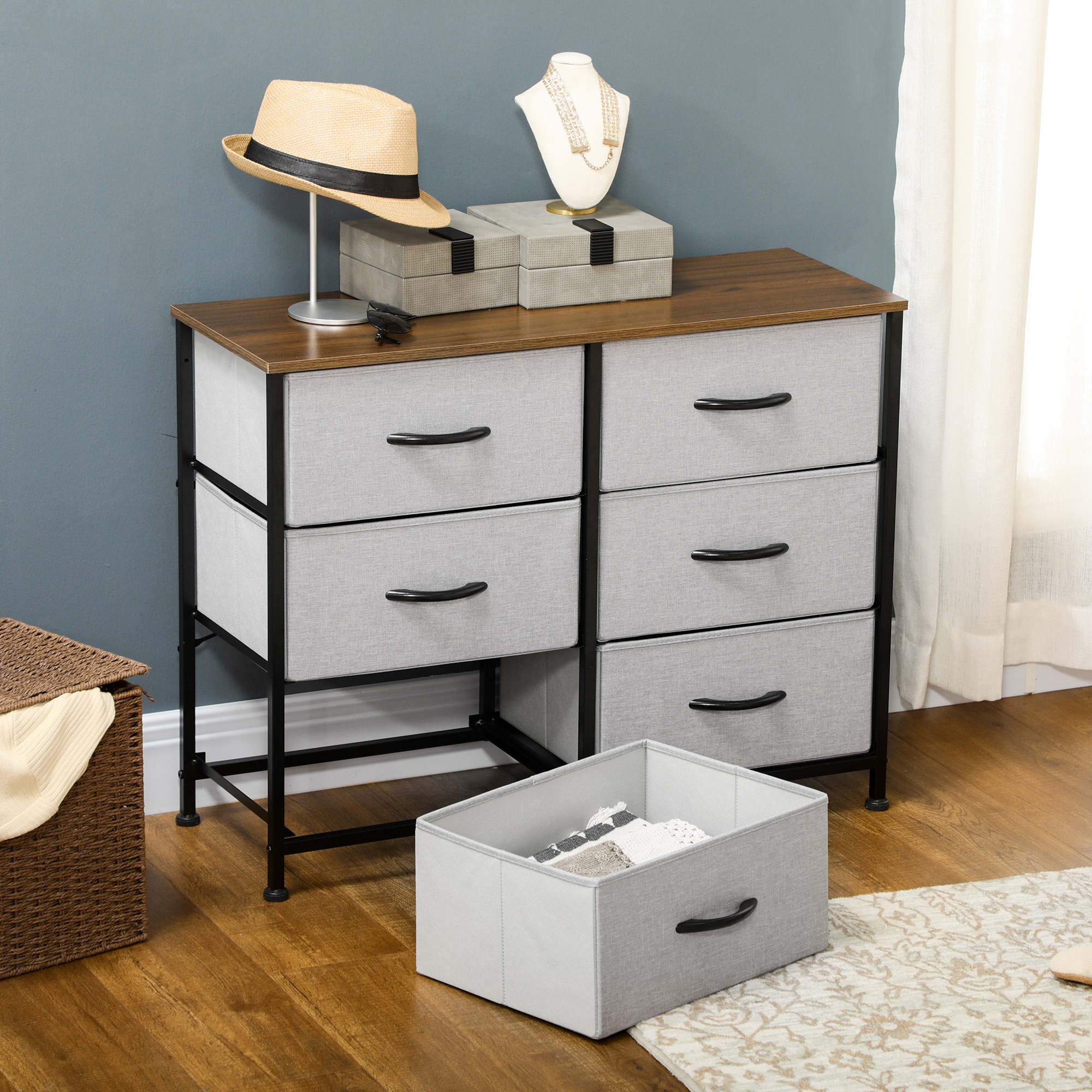 Kommode Sideboard, 6 Schubladen, Stoffschubladen, 80 cm x 30 cm x 62,5 cm, Braun + Schwarz + Grau