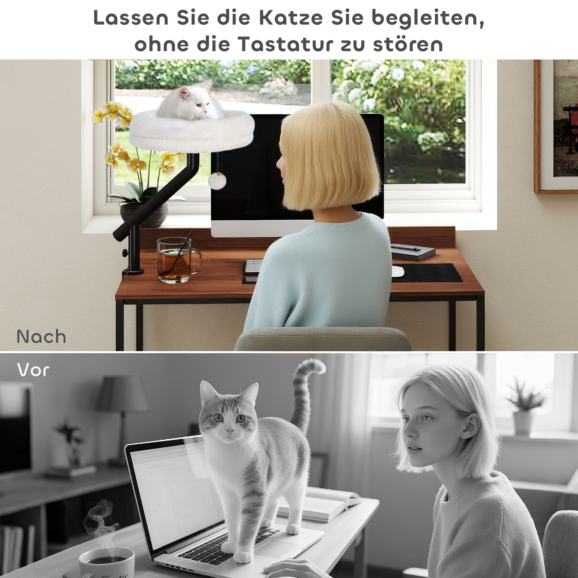 Katzen-Schreibtischbett, Katzenbett für Schreibtisch mit 360°Drehung, verstellbarer Höhe, Katzenliege mit abnehmbarem, maschinenwaschbarem Bett, für Katzen unter 6 kg, Heimbüro, Cremeweiß