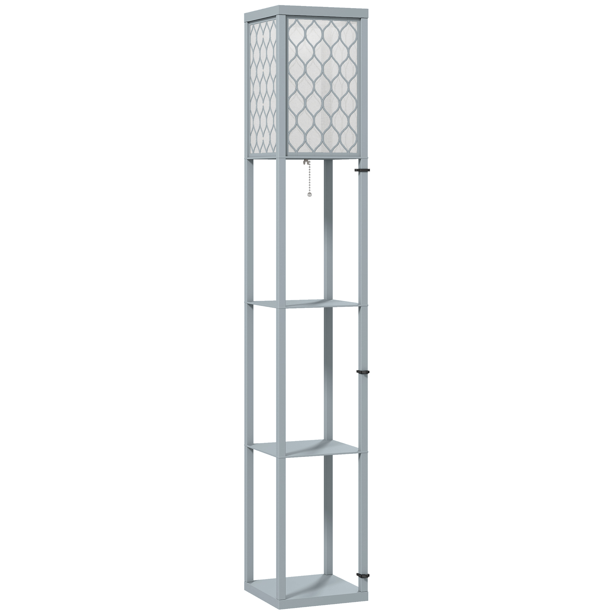 Stehlampe mit Regal, 3 Fächer, kompakte Maße, MDF, Hellgrau