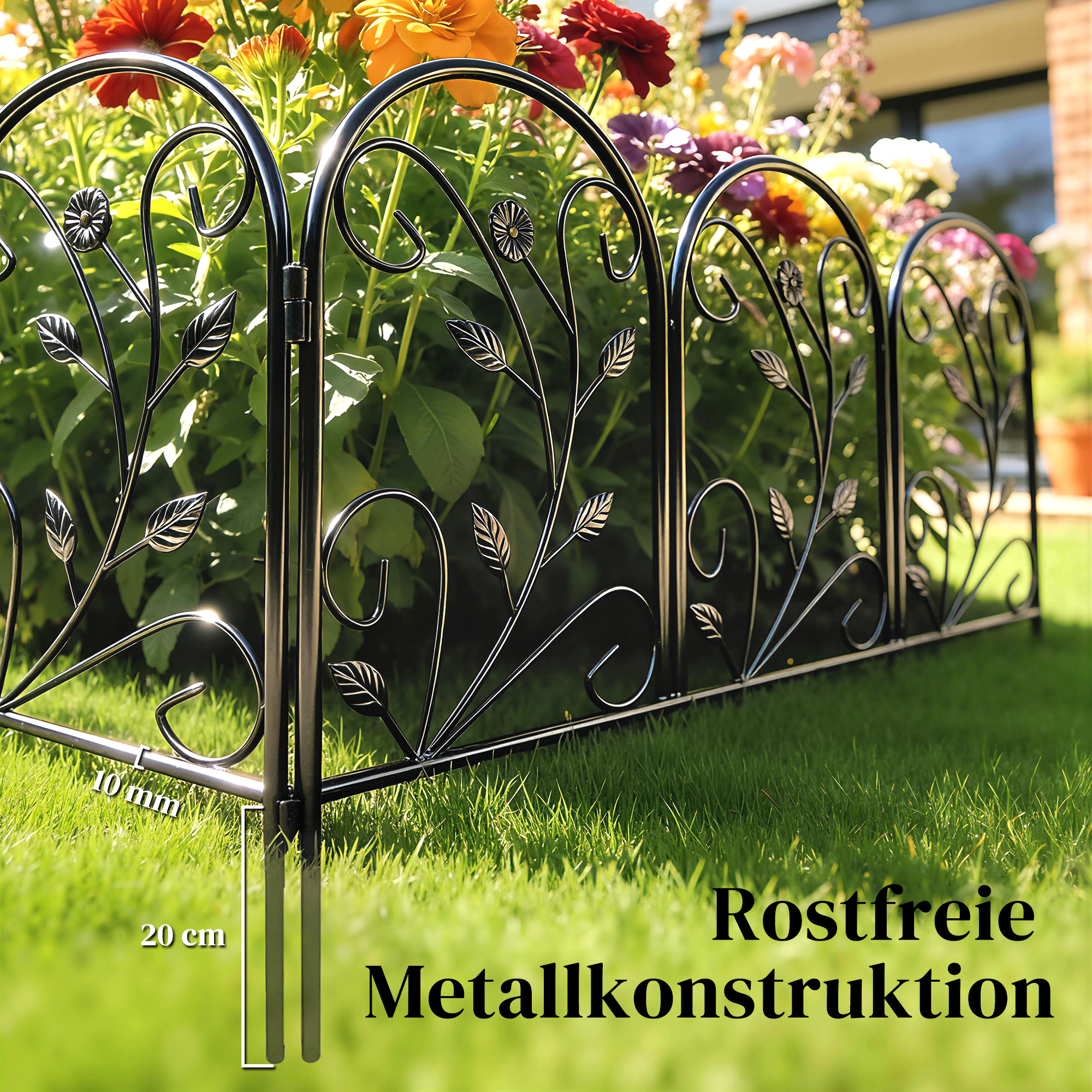 Gartenzaun Zaun aus Metall 80 x 60 cm Dekorativer Gitterzaun Set mit Fuß für Garten Blumenbeete Tierbarriere Schwarz