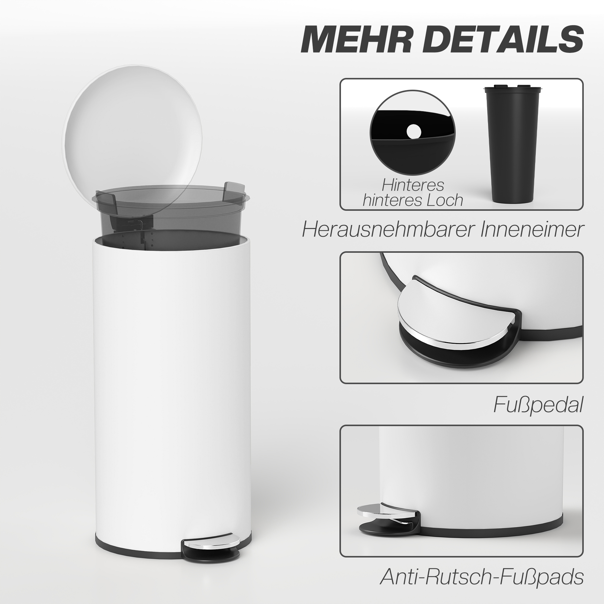Mülleimer 30L, Treteimer, einrastbarer Deckel, Pedal, fleckenresistent, Cremeweiß