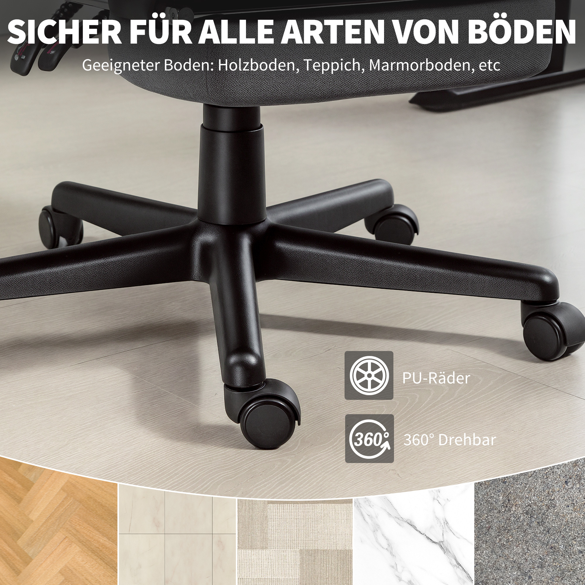 gepolsterter Bürostuhl mit Samt-Optik, höhenverstellbar, rollbar, Grau
