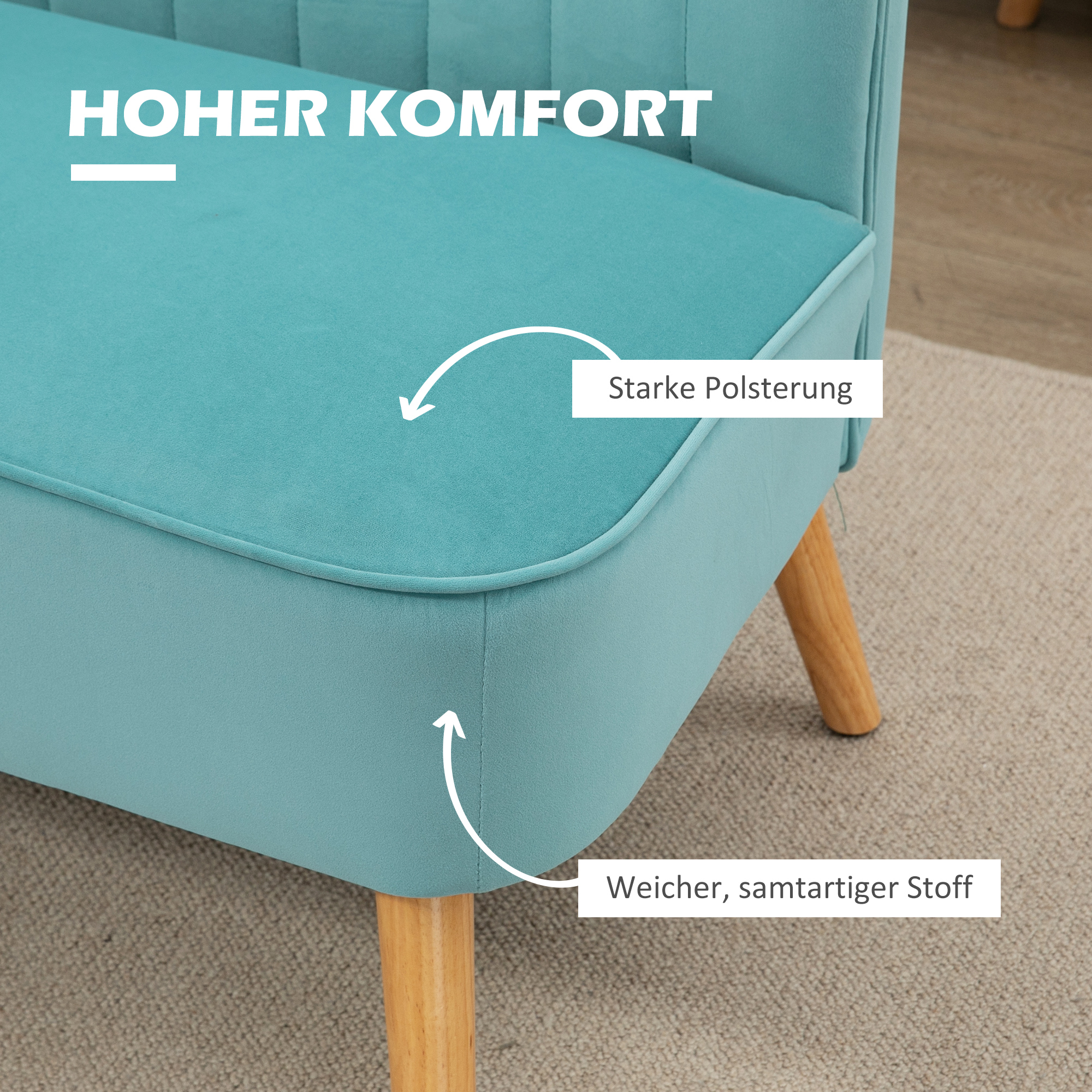 Sofa Retrodesign 2-Sitzer-Sofa, Holzbeine, 117 cm x 56,5 cm x 77 cm, Grün
