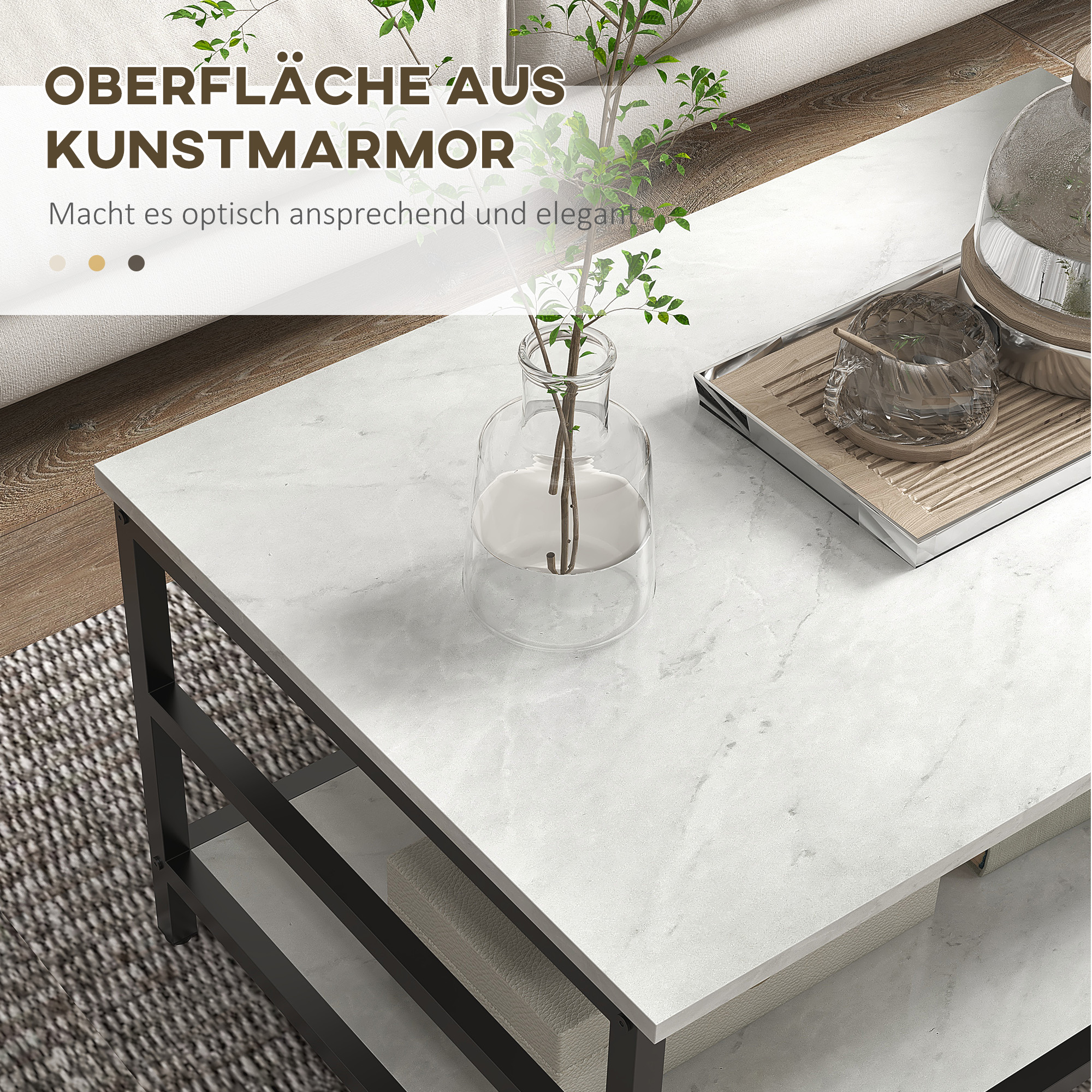 Couchtisch-Set, 2 Beistelltische, Marmoroptik, verstellbare Füße, Stahl, Schwarz/Weiß