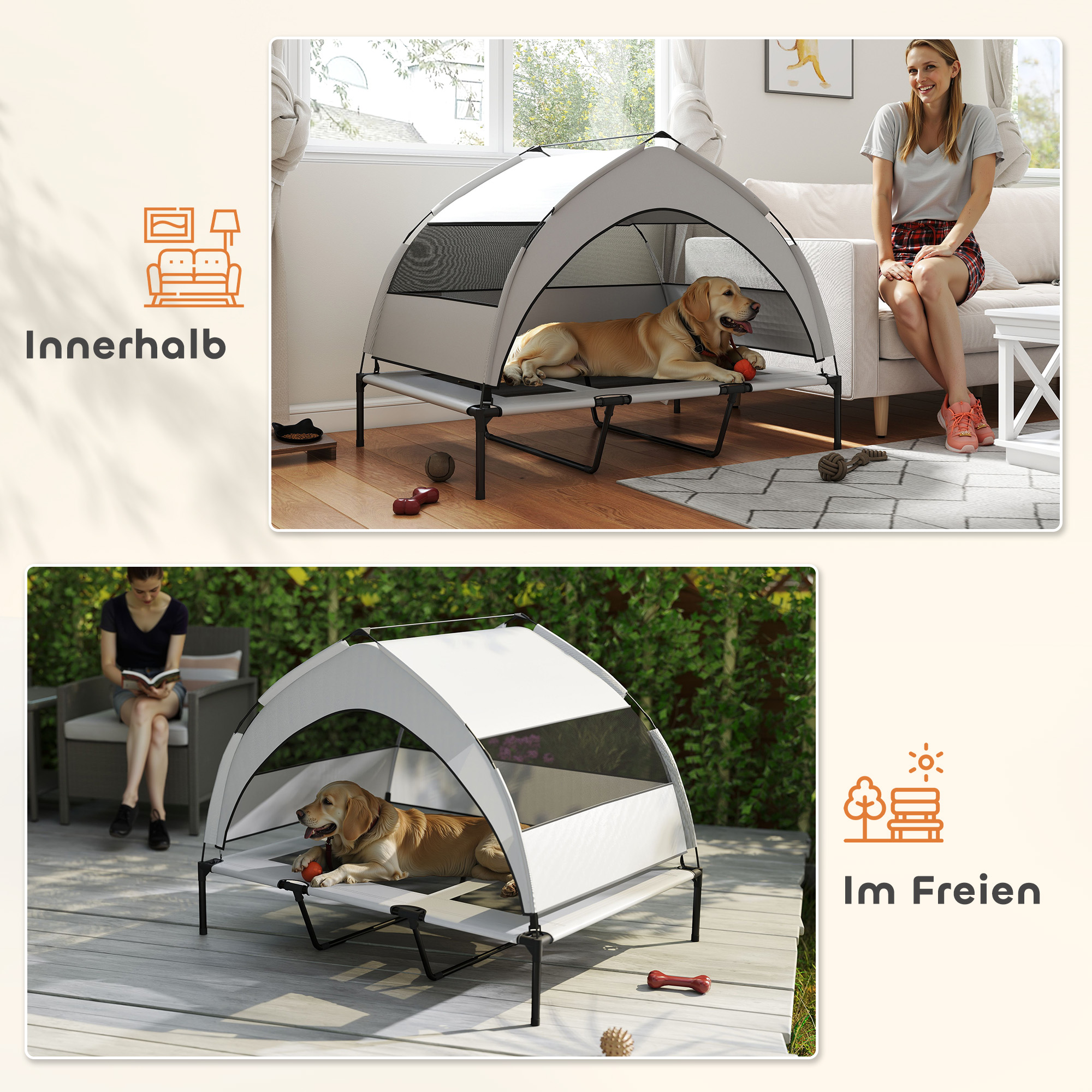 Hundeliege Outdoor mit Dach, Erhöhtes Hundebett für extra große Hunde, mit Stahlrahmen, 122x92x94cm, Hellgrau