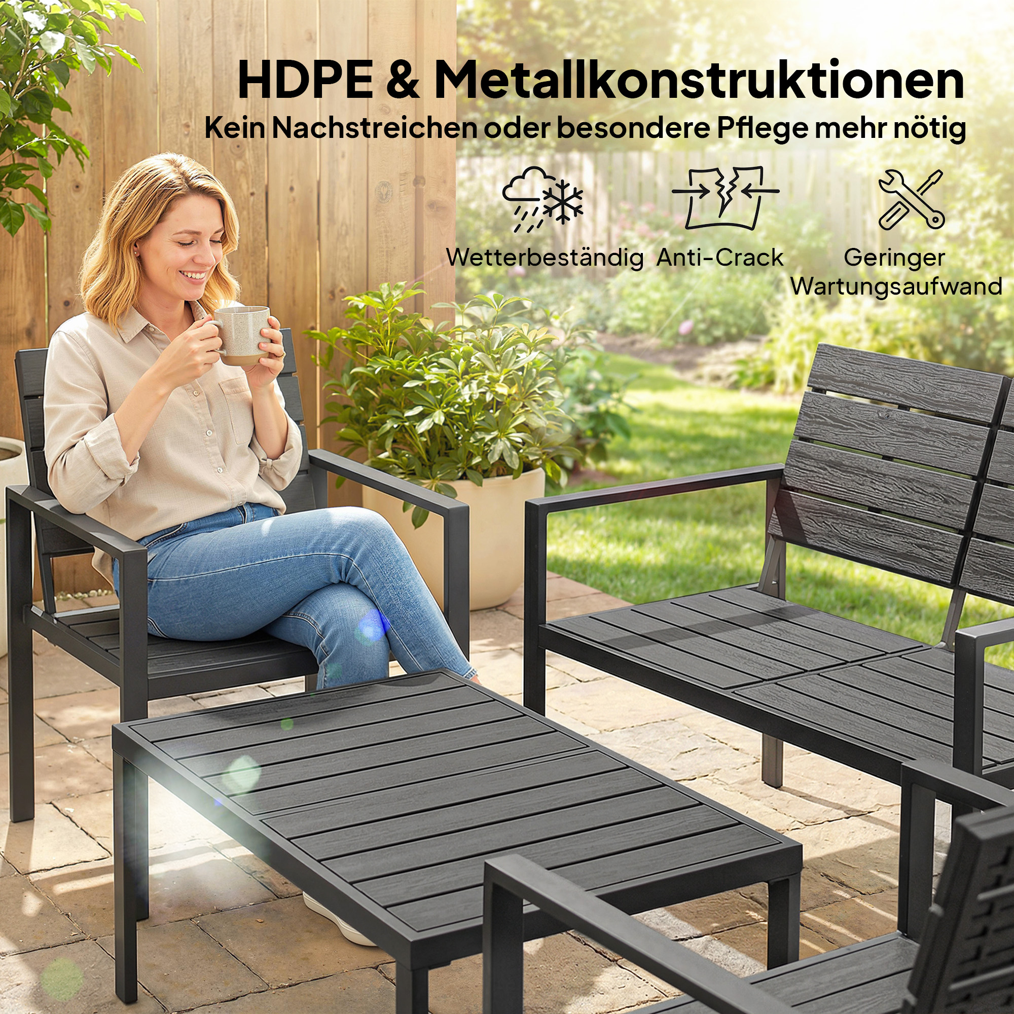 Gartenmöbel Set Sitzgruppe für 4 Personen Gartenlounge mit 2er Sofa 2 Sessel Beistelltisch Lamellendesign Schwarz