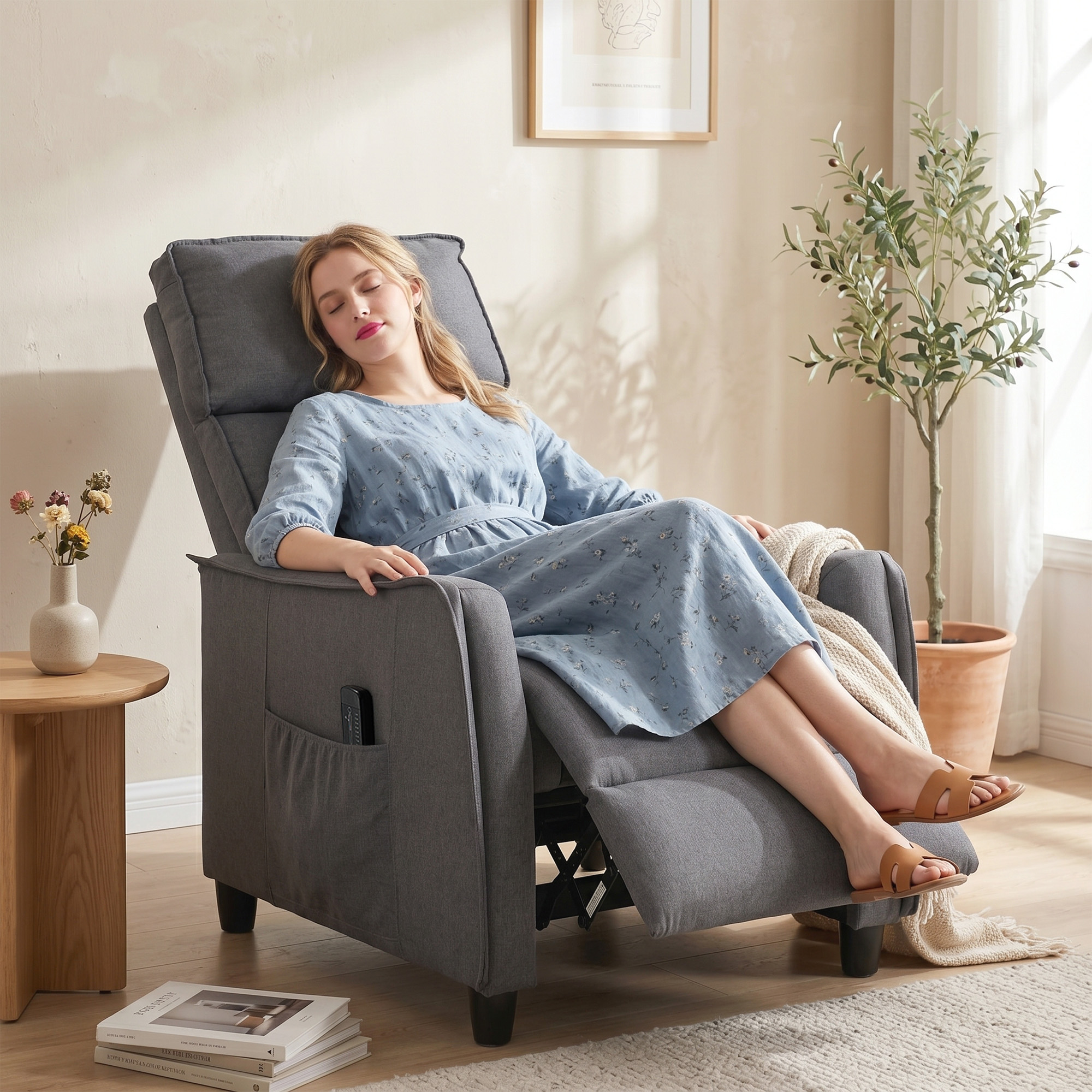 Relaxsessel mit Vibrationsmassage, Leinen-Optik, zurückklappbar mit Federpolsterung, Fußstütze, Grau