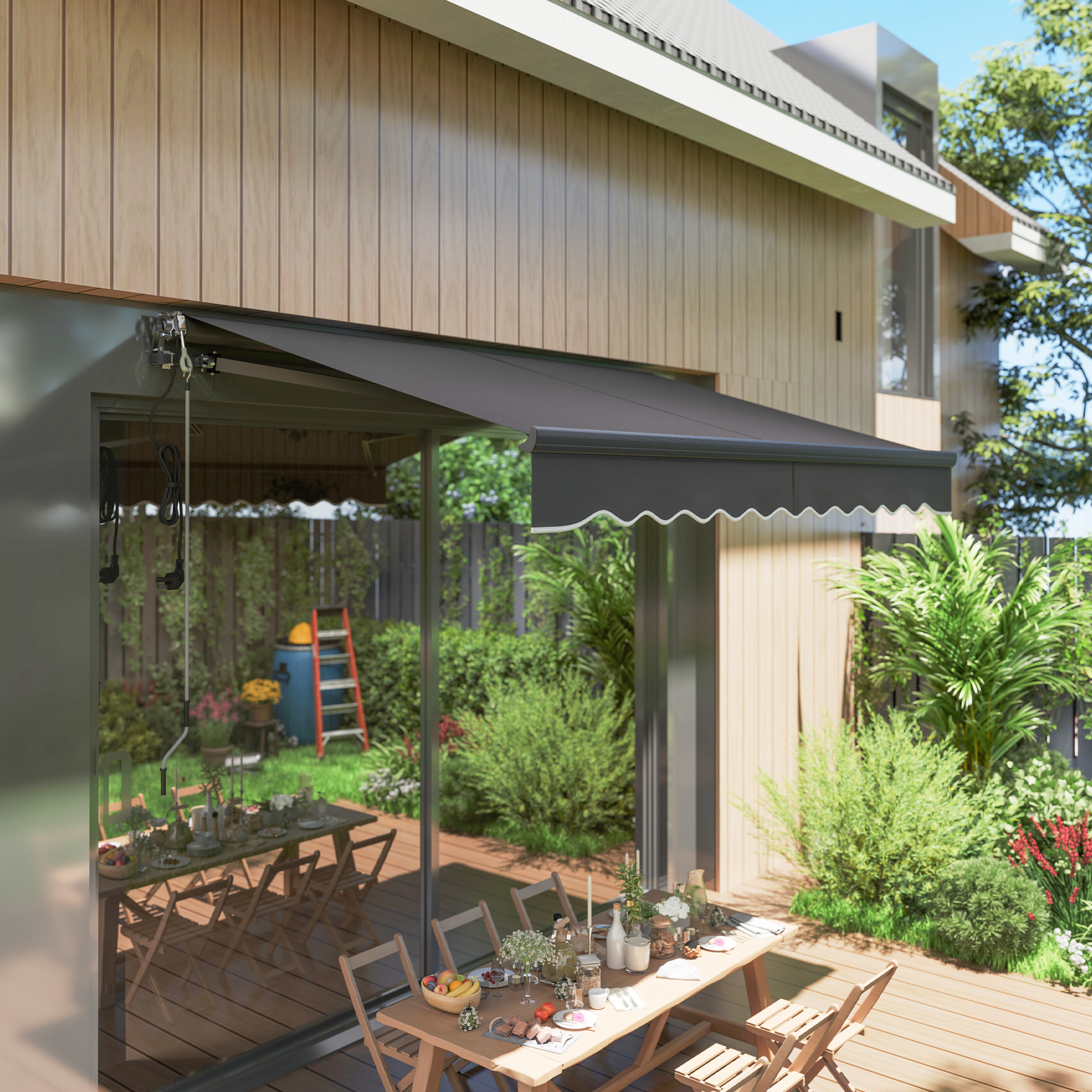 Klemmmarkise mit Handkurbel elektrisch höhenverstellbar Gelenkarmmarkise 300 cm breit Dunkelgrau