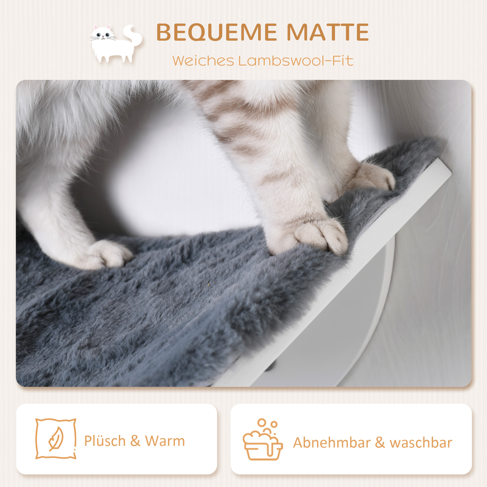 Katzenliege Katzen Wandliege Katzenbett Katzenregal Wandmontage Plüschauflage Grau 41 x 28 x 21 cm