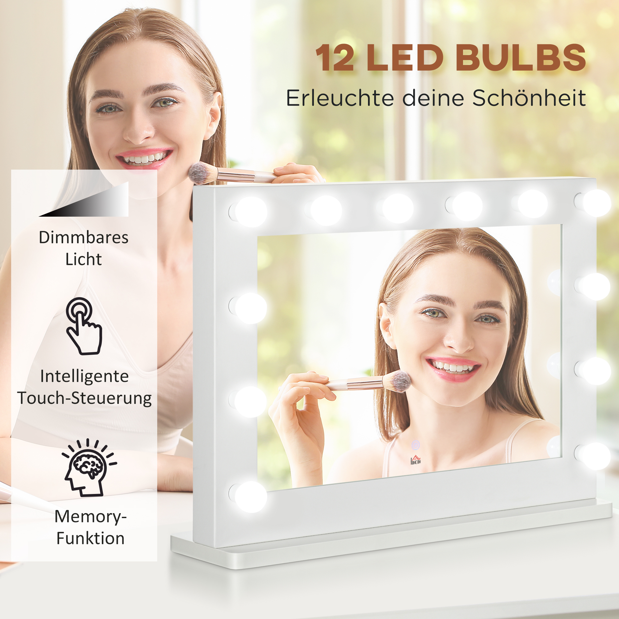 Hollywood Spiegel mit Beleuchtung, Touch-Steuerung, Memory-Funktion, 12 dimmbare LED-Lampen, weiß, 80 x 60 cm