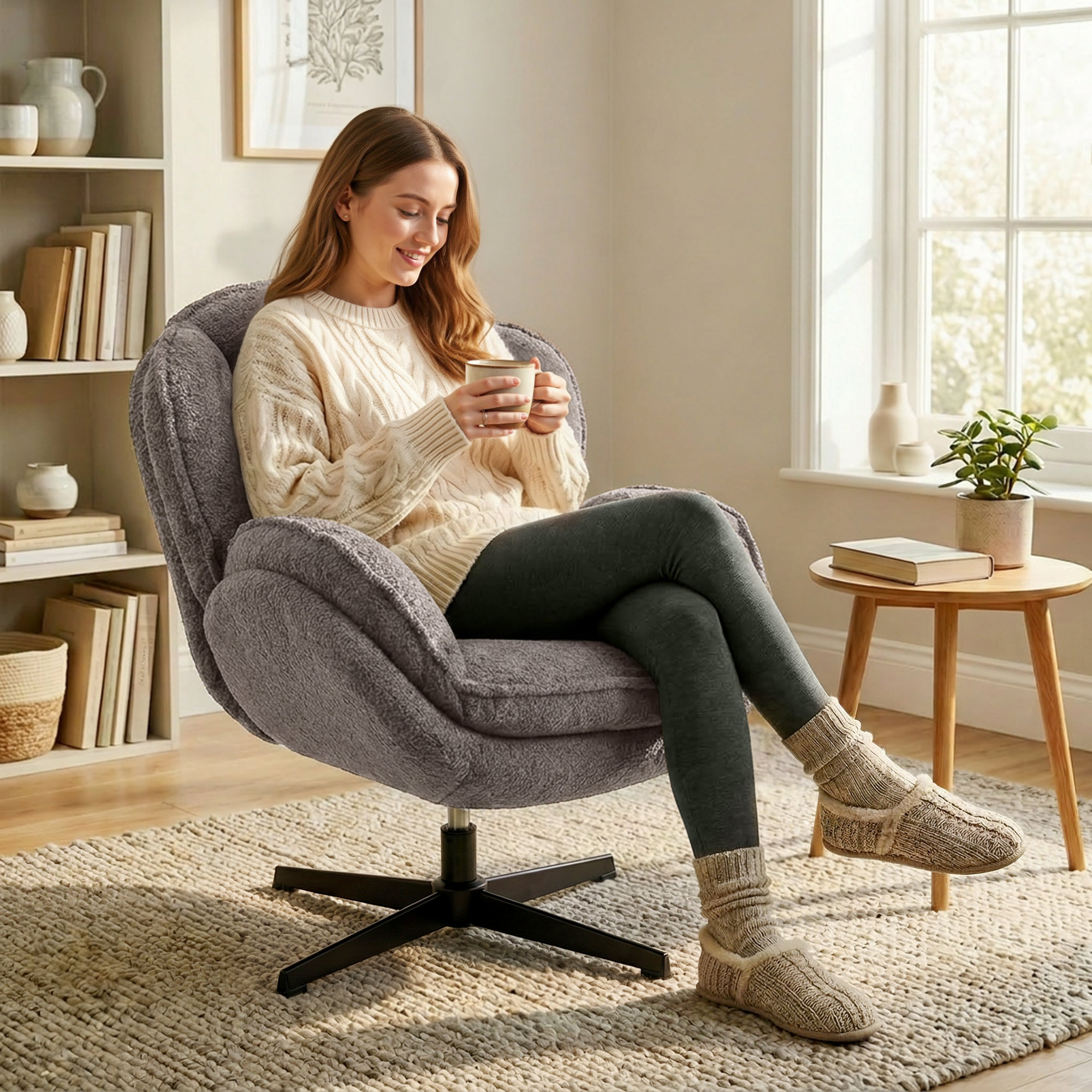 moderner Wingback-Sessel, Samt-Armlehnsessel mit Vier-Sterne-Basis, S-Federn, 360° Drehfunktion, Grau