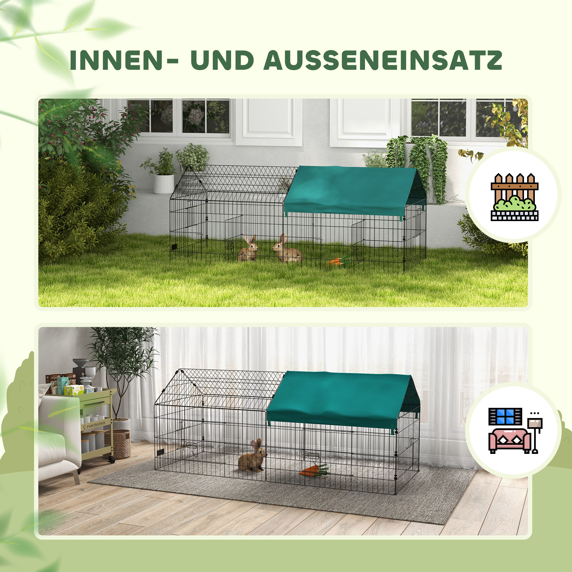 Kleintiergehege mit Dach, 4 Türen, wetterfest, Stahl/Polyester, 185x75x75cm, Schwarz/Grün