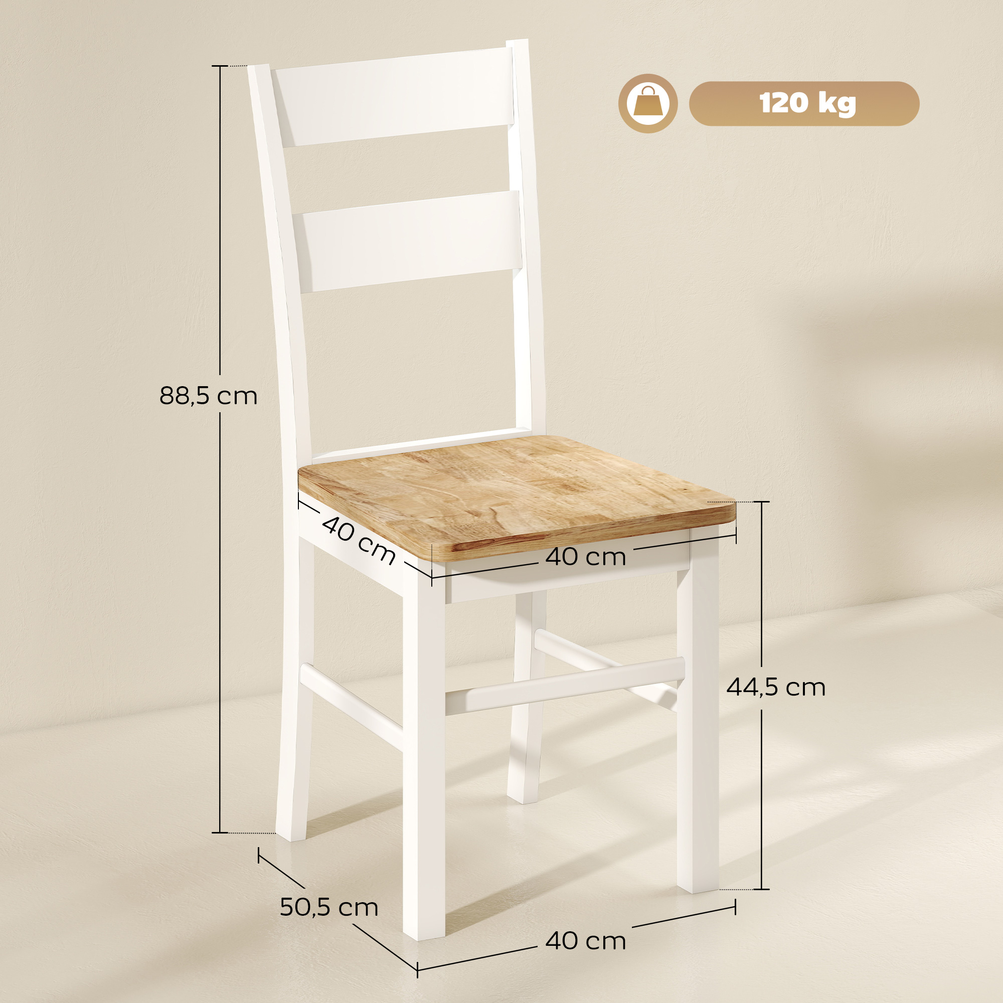 2er-Set Küchenstühle, Kautschukholz, gebogene Sprossenlehne, Weiß