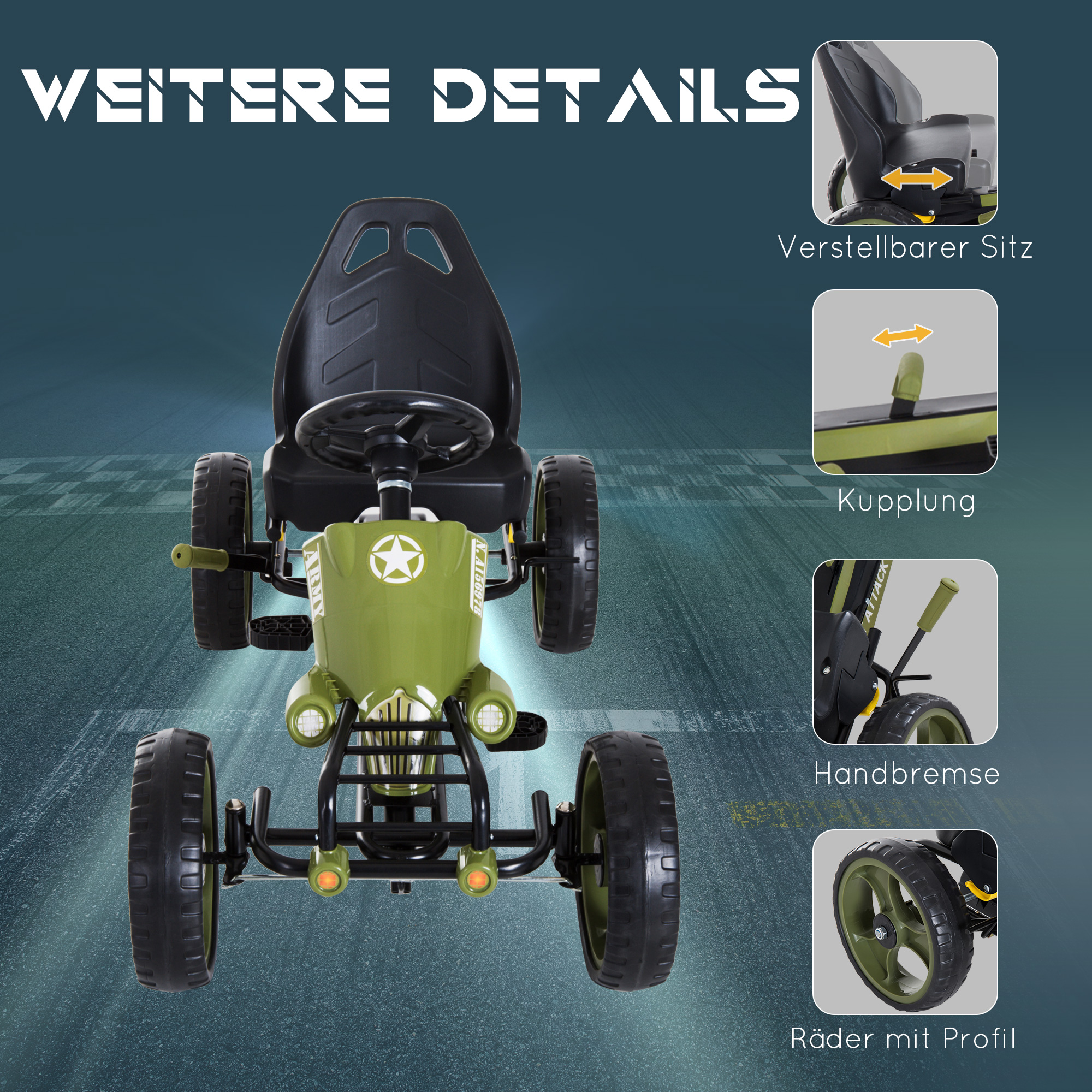 Go Kart Tretauto Tretfahrzeug mit Handbremse Kinderfahrzeug Kettcar Tretfahrzeug mit Verstellbarem Sitz ab 3 Jahren Grün 105 x 54 x 61cm