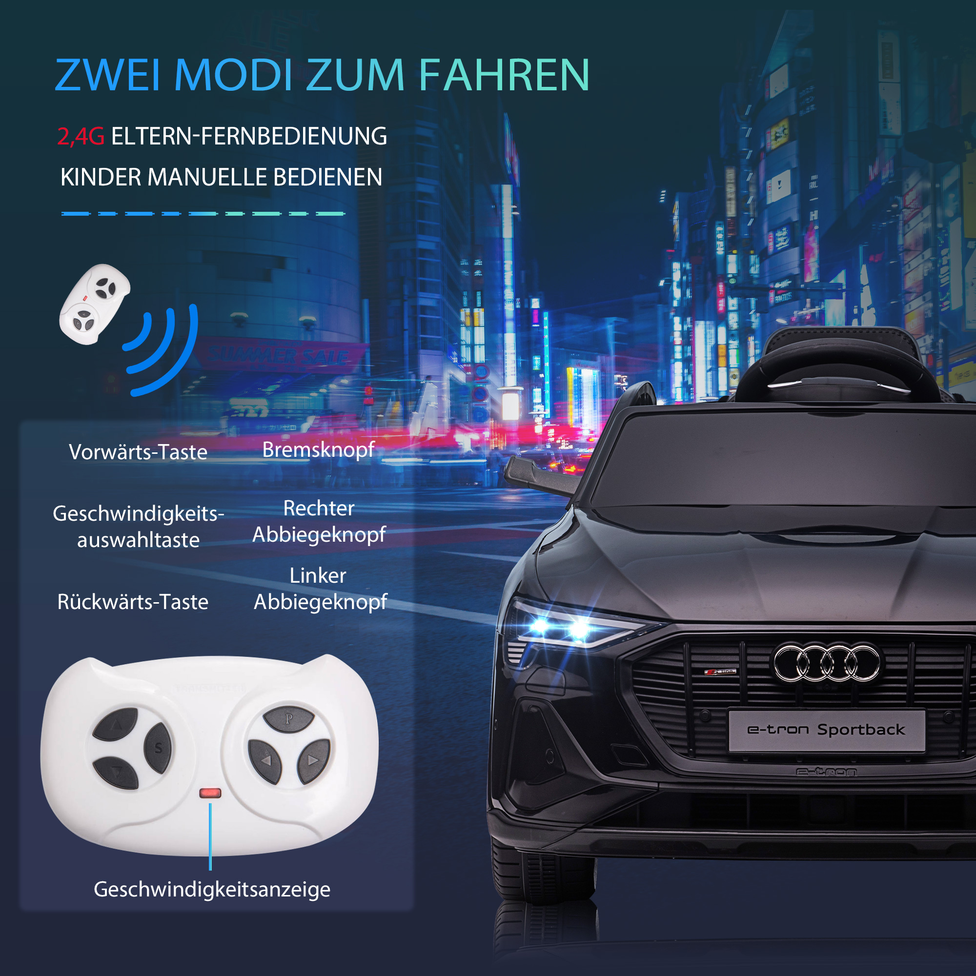 Kinderfahrzeug Audi E-tron Elektroauto mit Fernbedienung, Sicherheitsgurt, Musik (MP3/USB/TF), Kinderfahrzeug für Kinder 3-5 Jahre, 3-5 km/h, Schwarz
