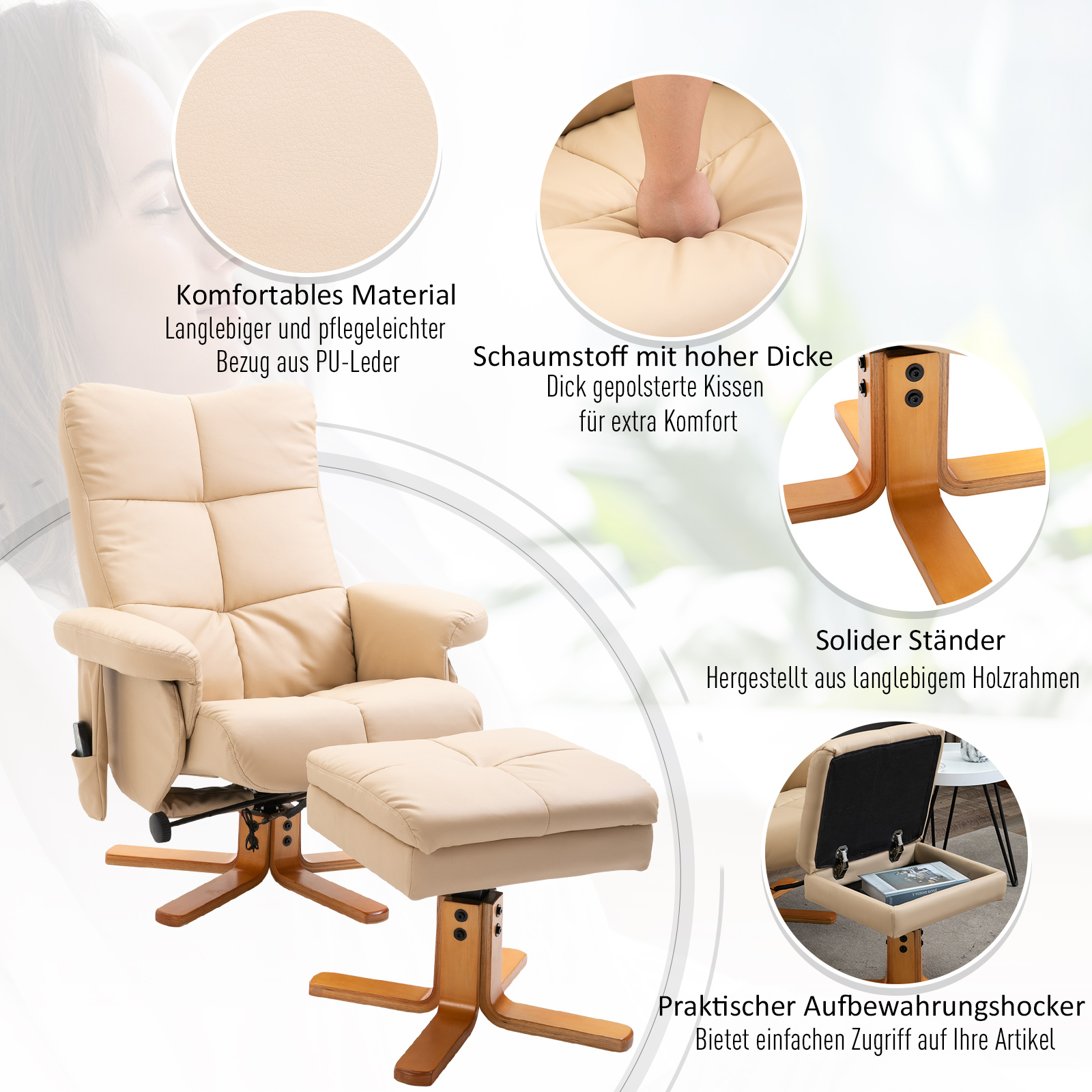 Relaxsessel Massagesessel mit Fußhocker Stauraum Liegefunktion Fernsehsessel mit Massagefunktion TV Sessel 145°-Neigung Polyester Cremeweiß 80 x 86 x 99 cm