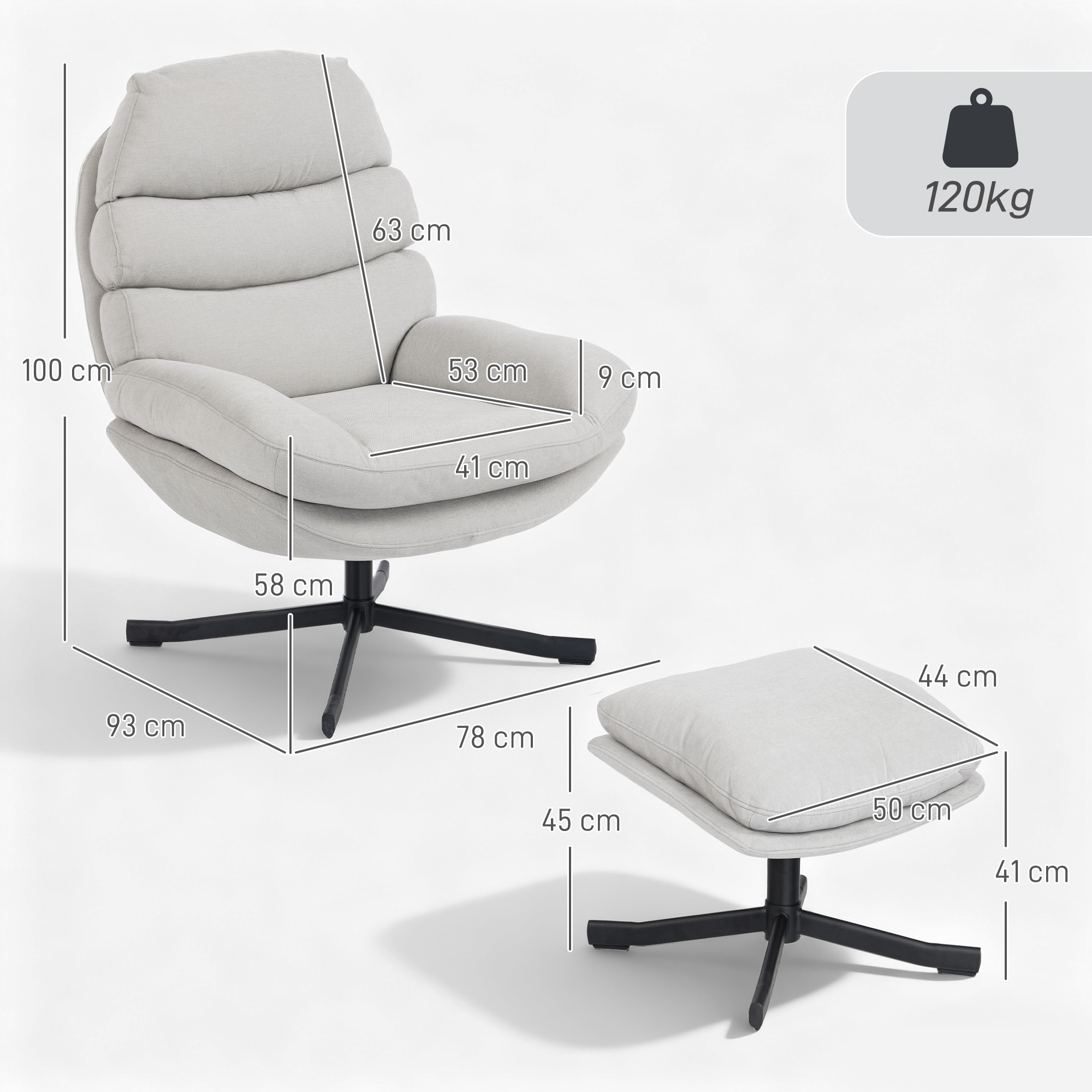 Relaxsessel mit Hocker Sessel Loungesessel mit Chenille-Stoff, Modern Fernsehsessel, 78 x 93 x 100 cm, Cremeweiß