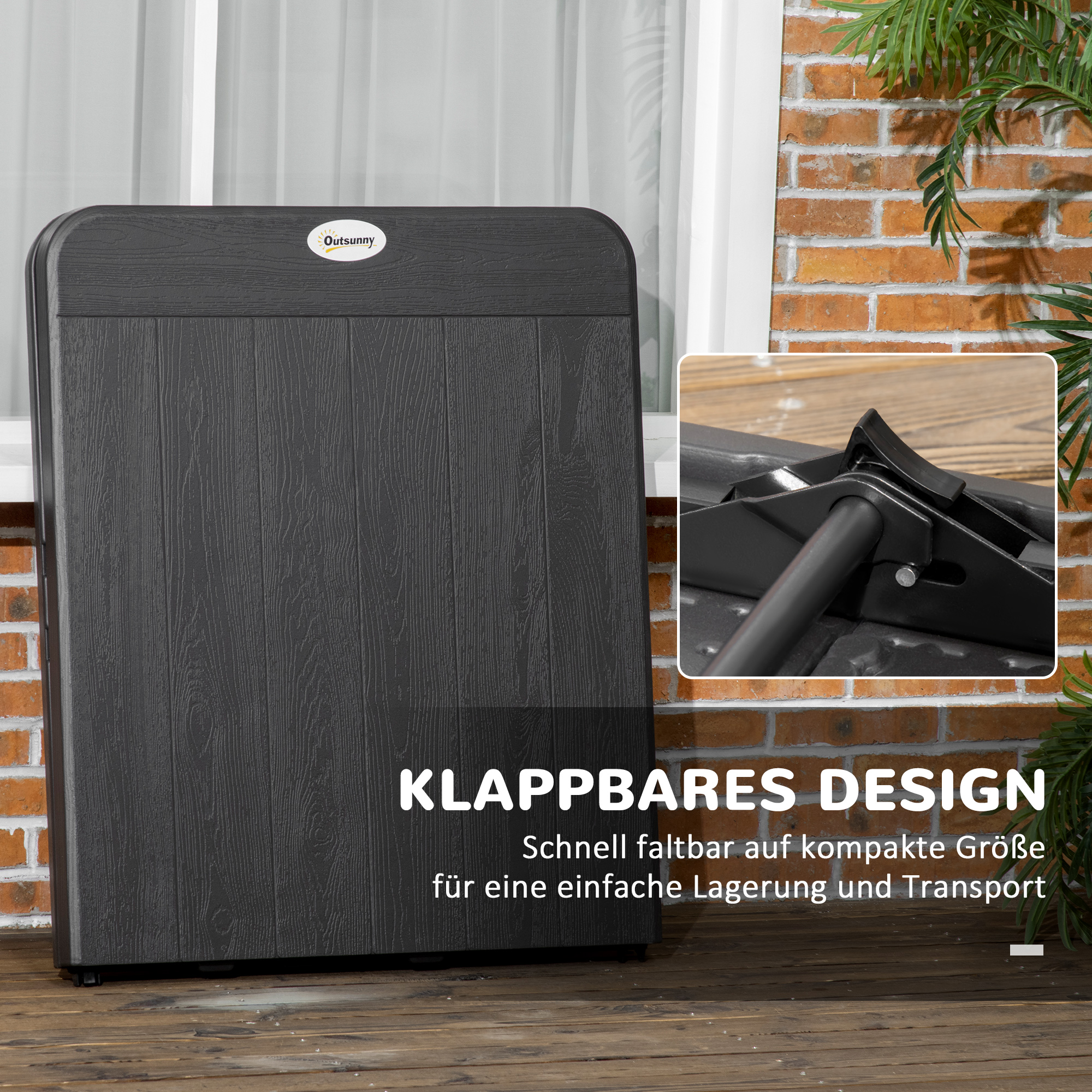 Outdoortisch, Gartentisch, für 6 Pers., klappbar, Holzoptik, dunkelgrau, 180 x 75,5 x 73 cm