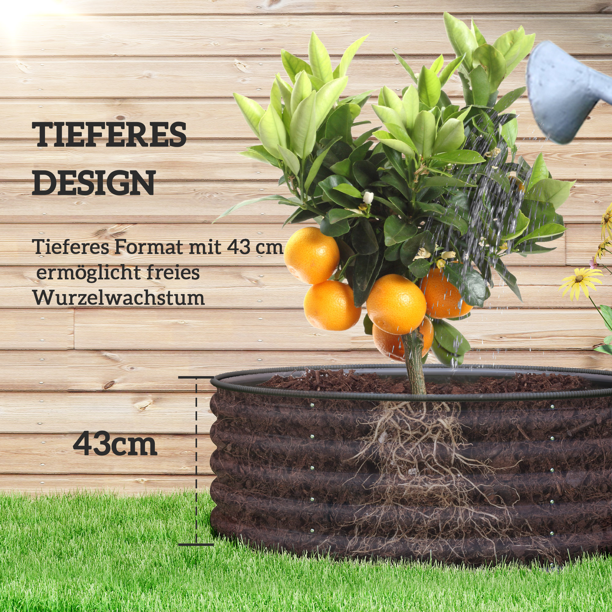Hochbeet, Verzinkter Pflanzkübel mit Sicherheitsrand, Pflanzbox mit offenem Boden, 120 x 120 x 43 cm, Dunkelgrau