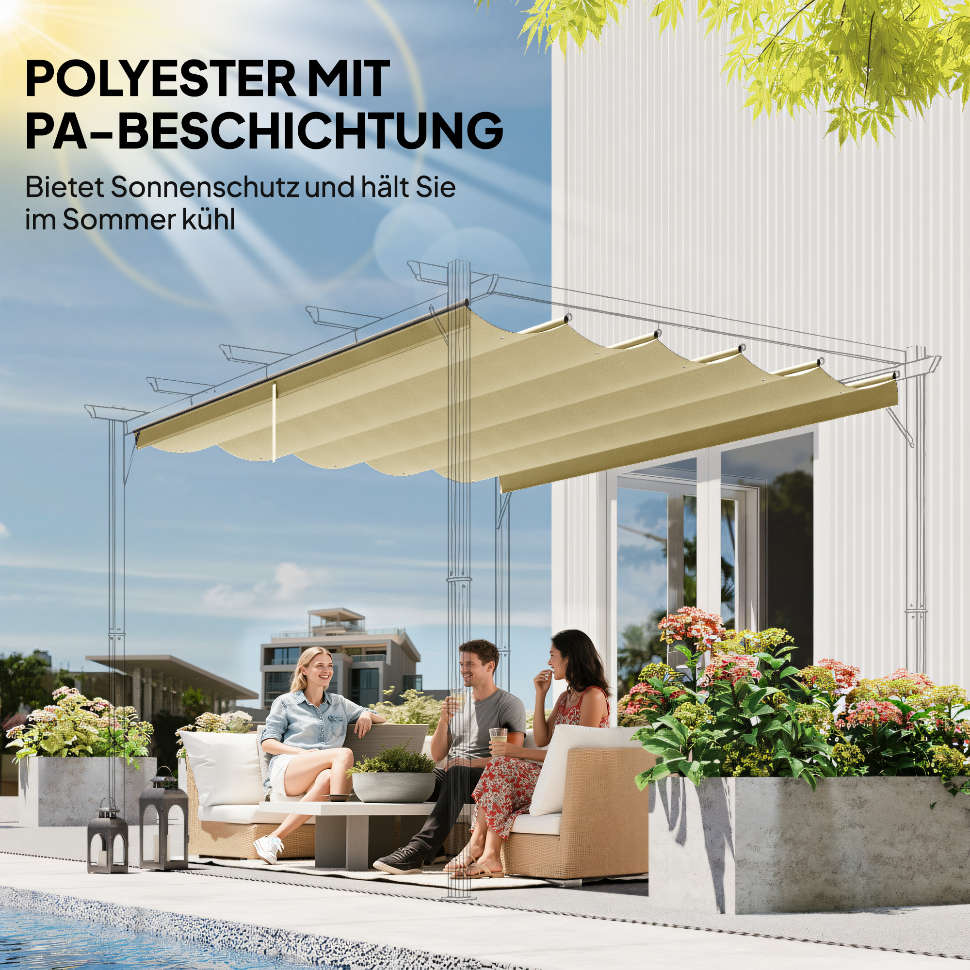 Ersatzdach für 4 x 3 m Pergola, einziehbar, mit Regenabflusslöchern, wetterfest, Polyester, 350 x 260 cm Beige