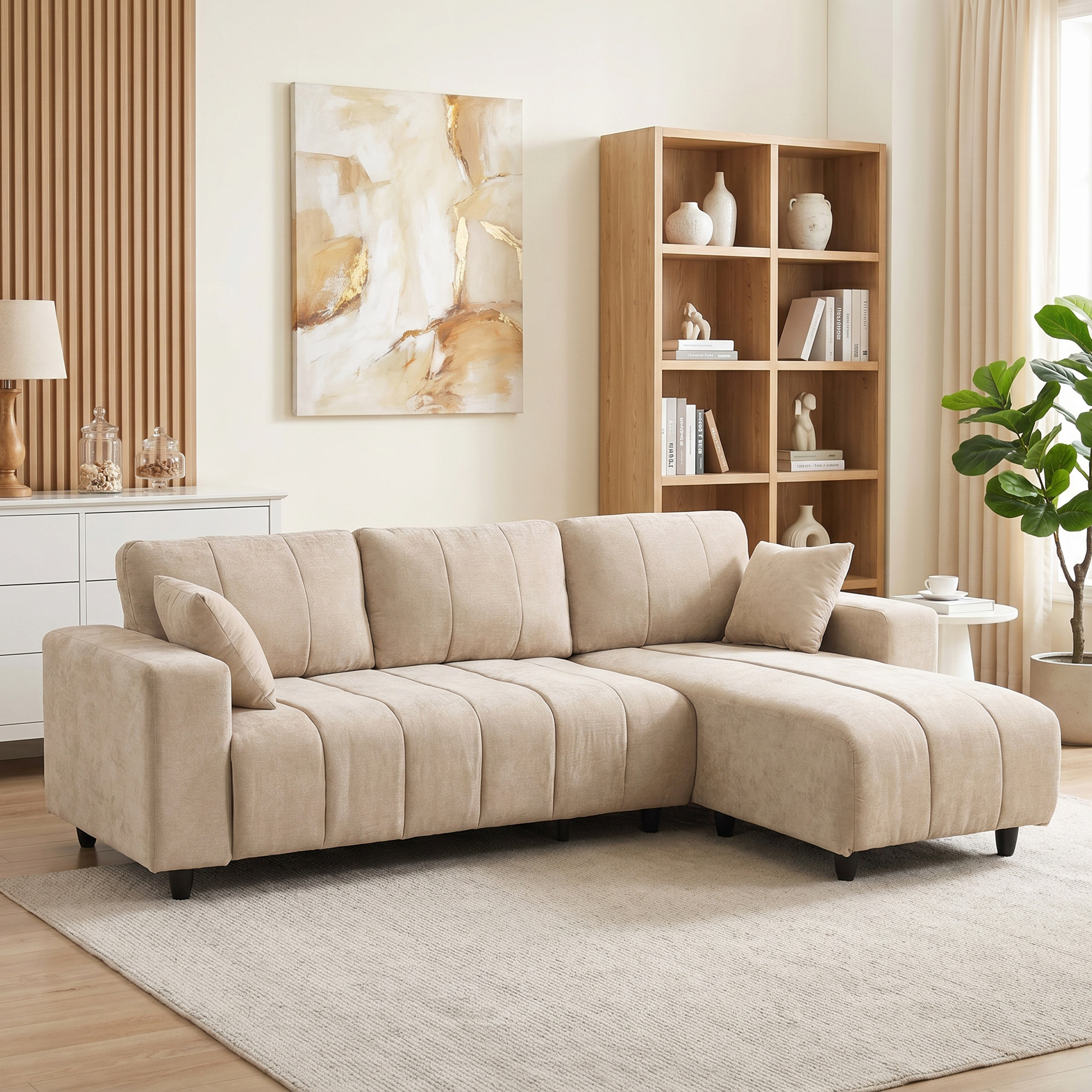 L-förmiges Ecksofa mit flexibler Chaiselongue, 3-Sitzer-Couch mit 2 Kissen, Metallrahmen, für Wohnzimmer, Beige