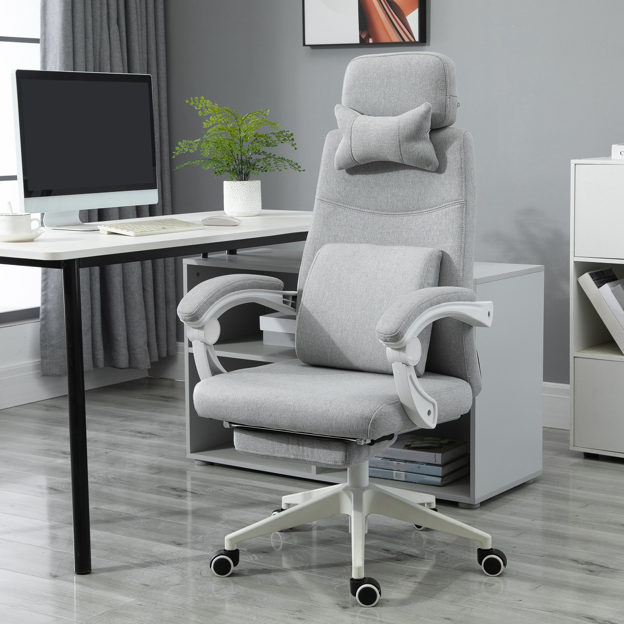 Bürostuhl, Ergonomischer Schreibtischstuhl mit Kopfkissen, Lendenkissen, höhenverstellbar Gamingstuhl mit Fußstütze, hoher Rückenlehne, Grau 62 x 68 x 117-127 cm