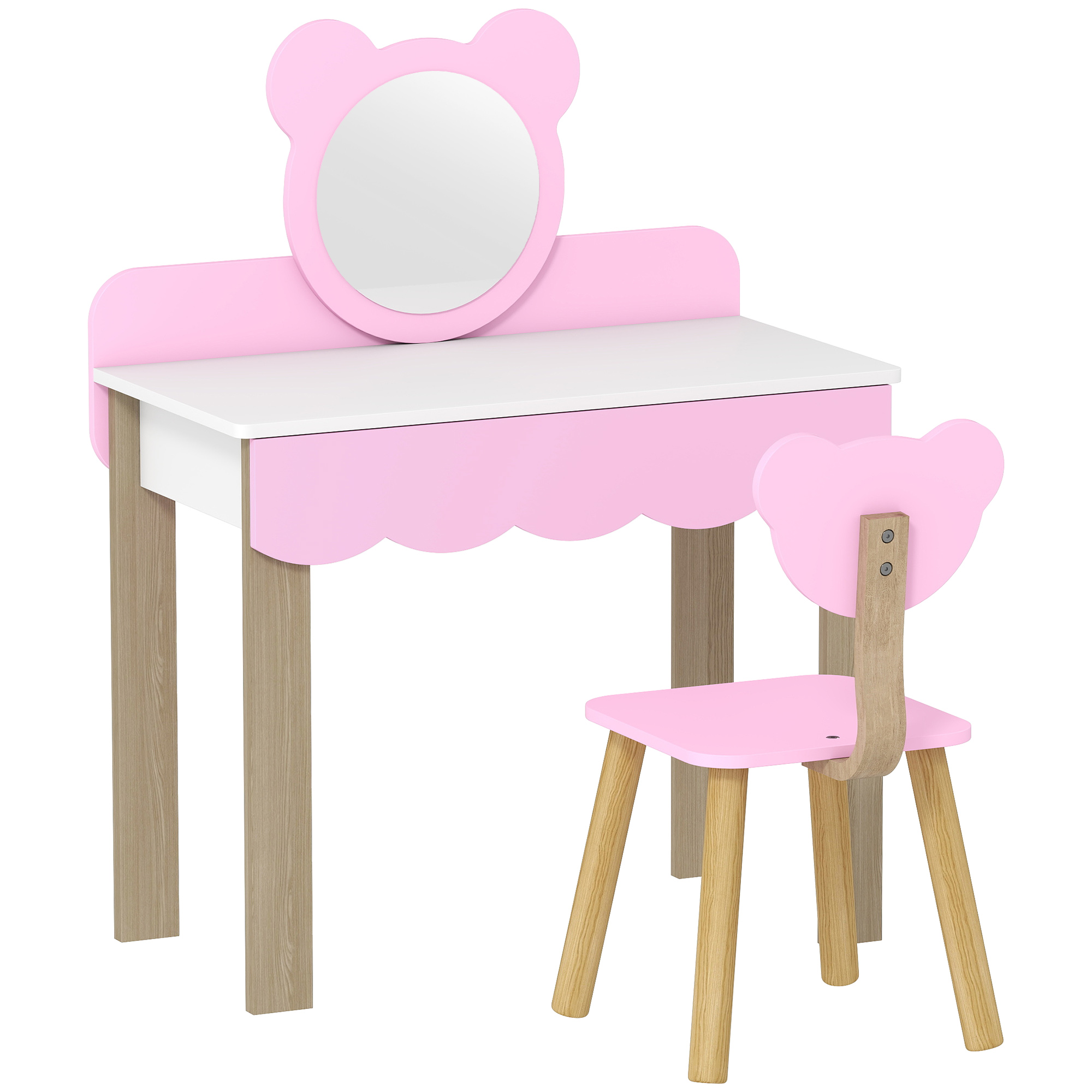 Frisiertisch-Set mit Hocker für Kinder, Schminkspiegel, Bärchenform, Schublade, MDF, Rosa