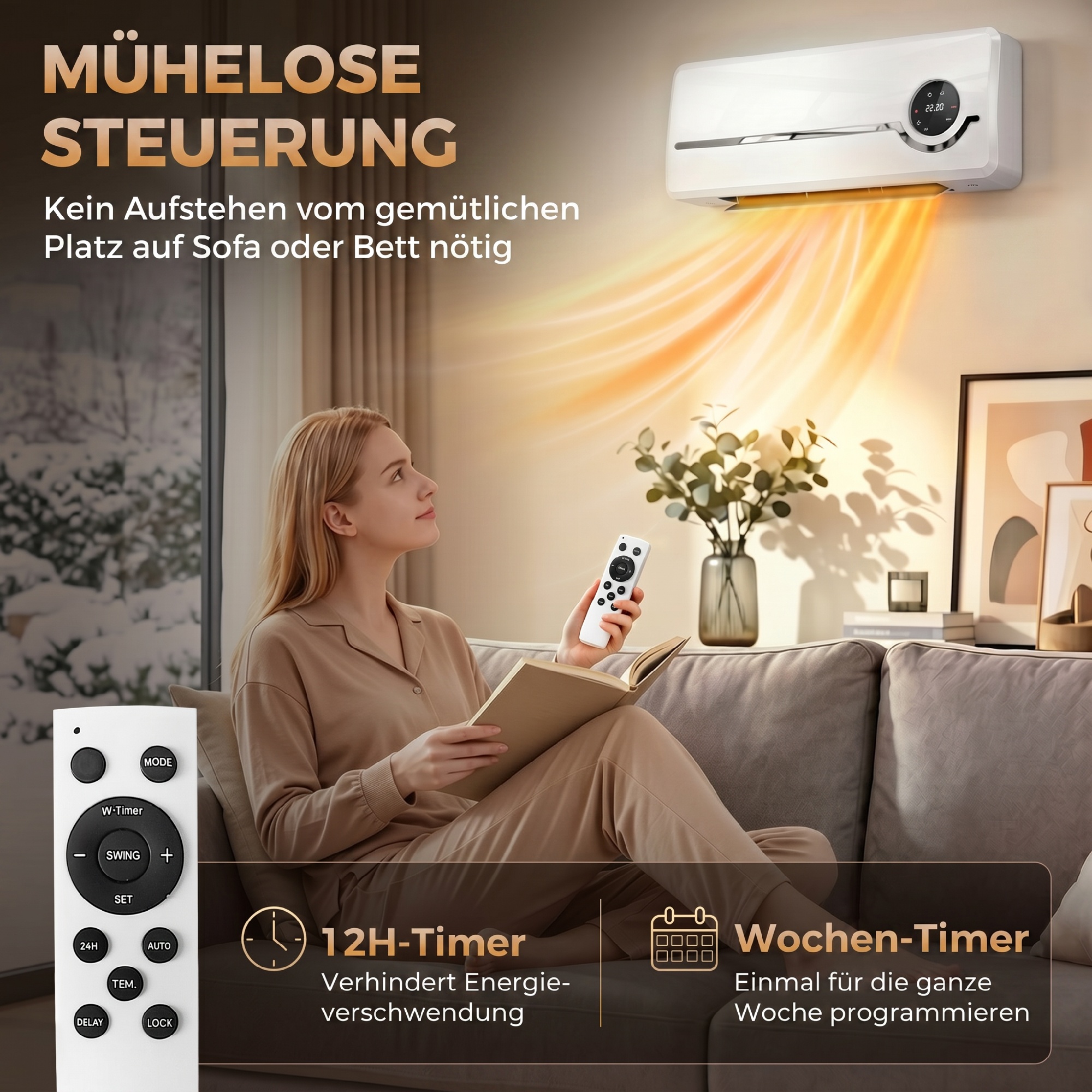 Heizlüfter zur Wandmontage 2000W Keramik-Wandheizung mit Ventilator, Fernbedienung, 2 Heizmodi, LED-Display