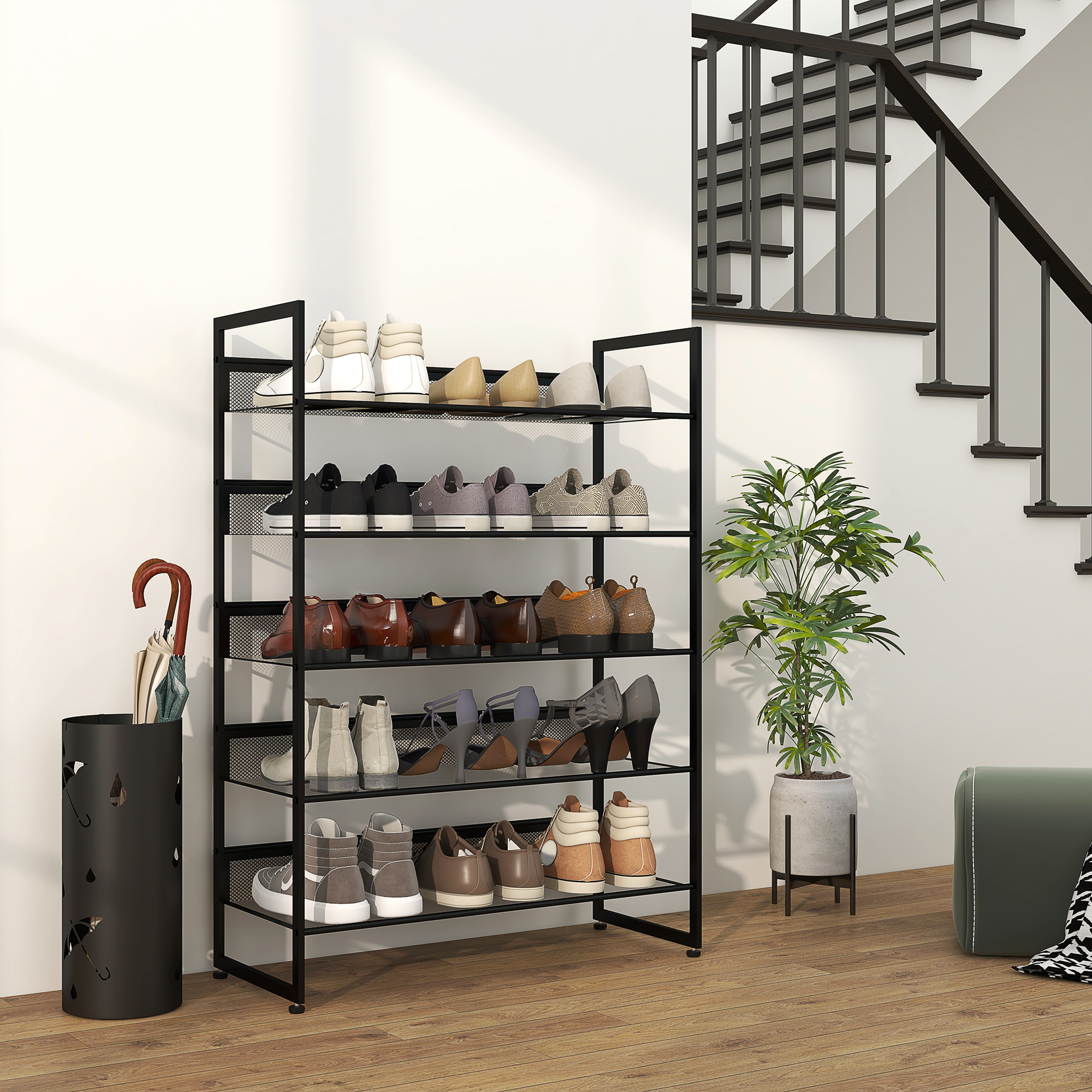 kleines Schuhregal Schuhablage Schuhständer hoch schmal, 5 Regale, 72 cm x 30 cm x 102 cm, Schwarz