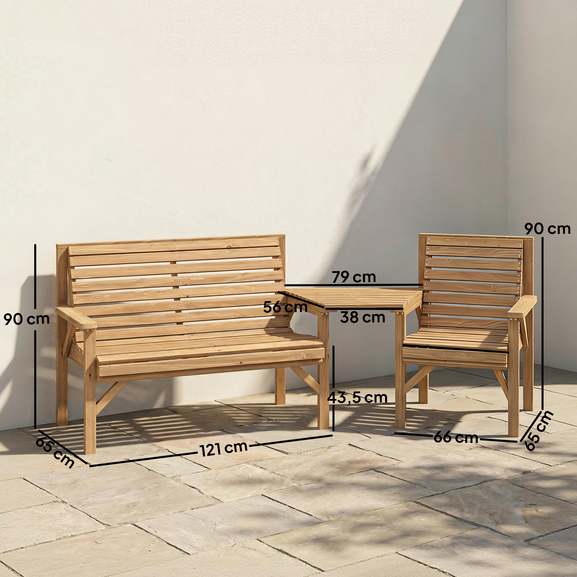 Gartenstühle 3er-Set, Balkonmöbel Set mit Sonnenschirmloch, Gartenstuhl, Bank, abnehmbarem Tisch 121x65x90 cm Naturholz