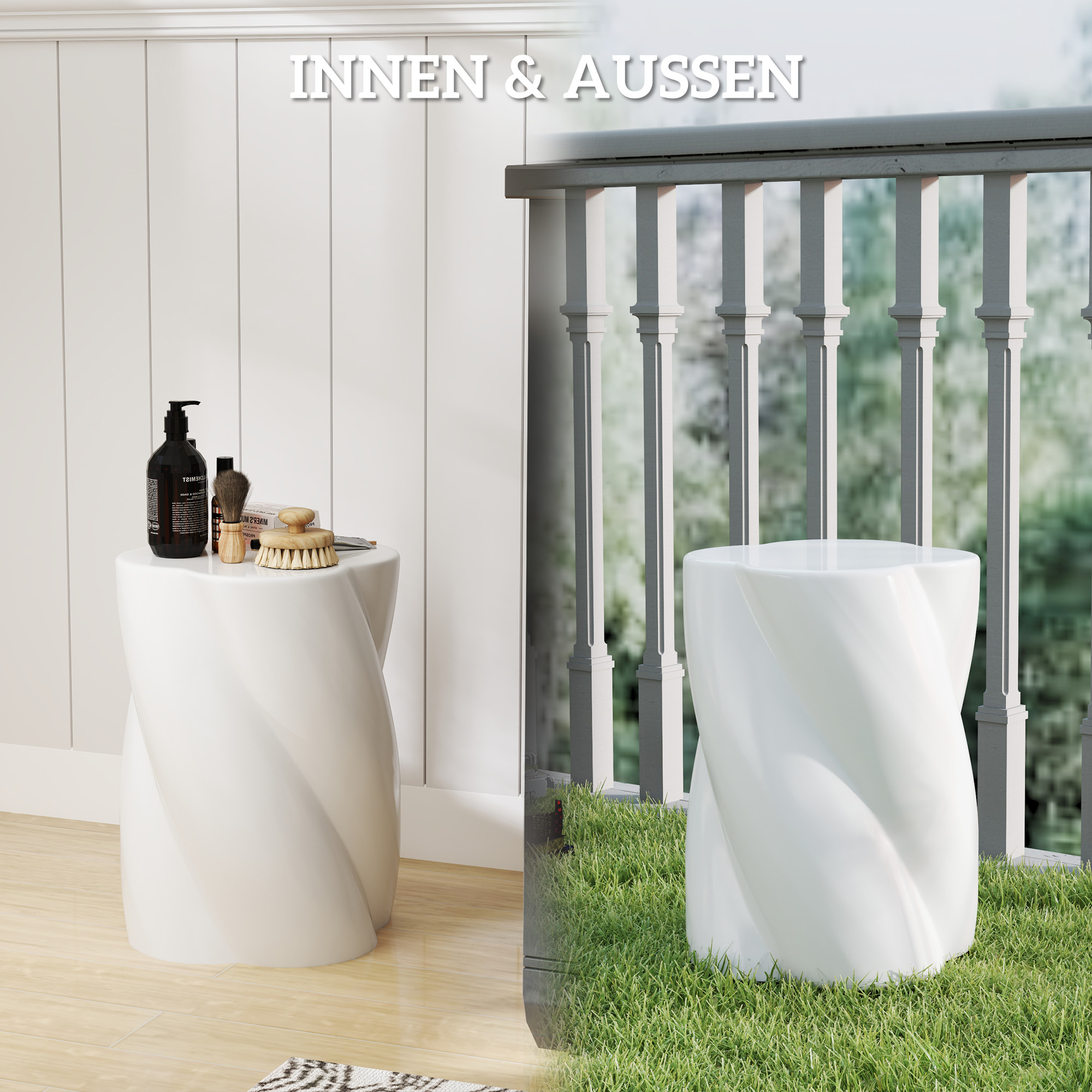 Sitzhocker aus Keramik in Spiralform 120kg belastbar Ø33 x 45 cm Wetterfest Garten Hocker mit Deckel Weiß