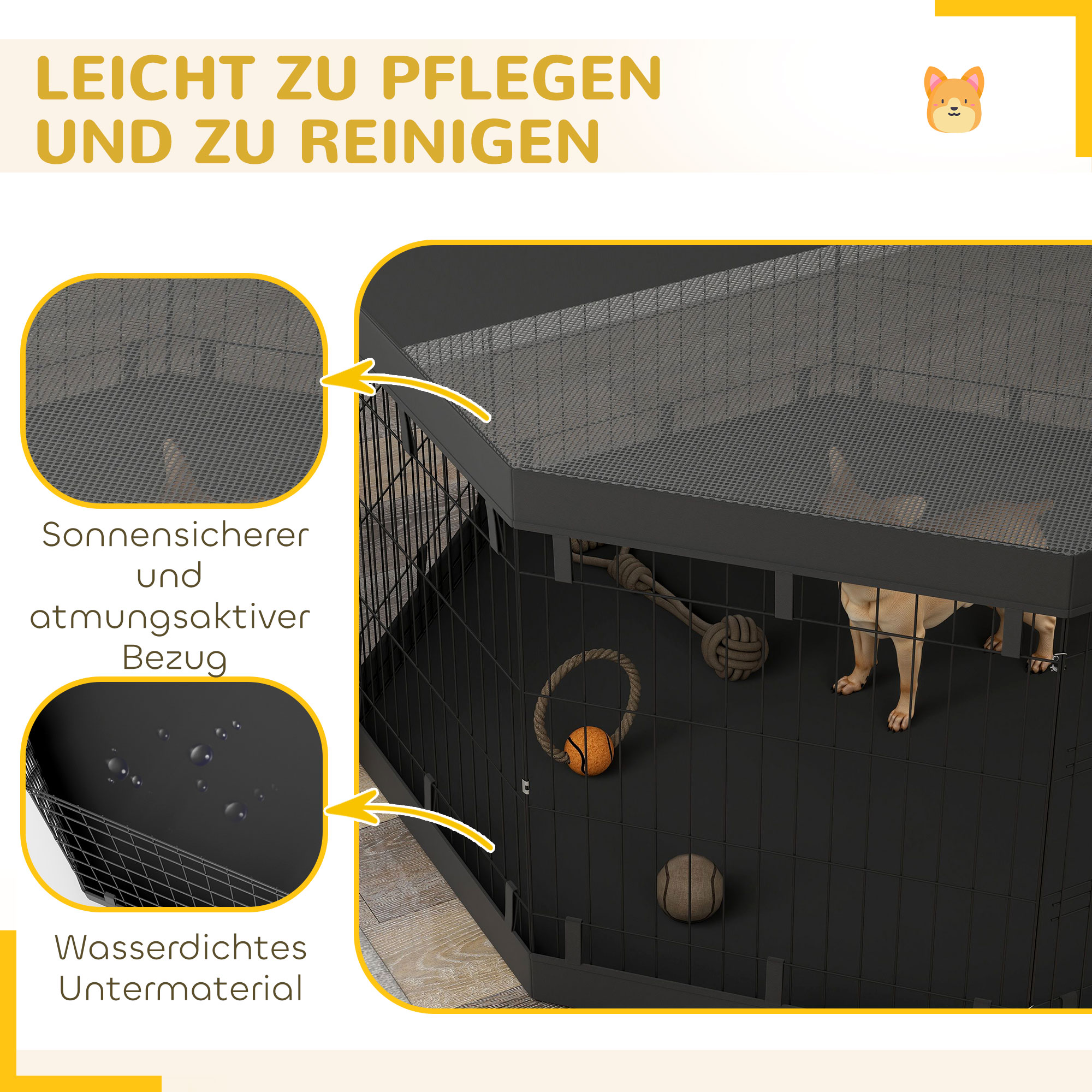 Welpenauslauf, 76 cm hoch/ca. 2,5 m², 8 Paneele, Bodenplane, Kombi-Dachplane